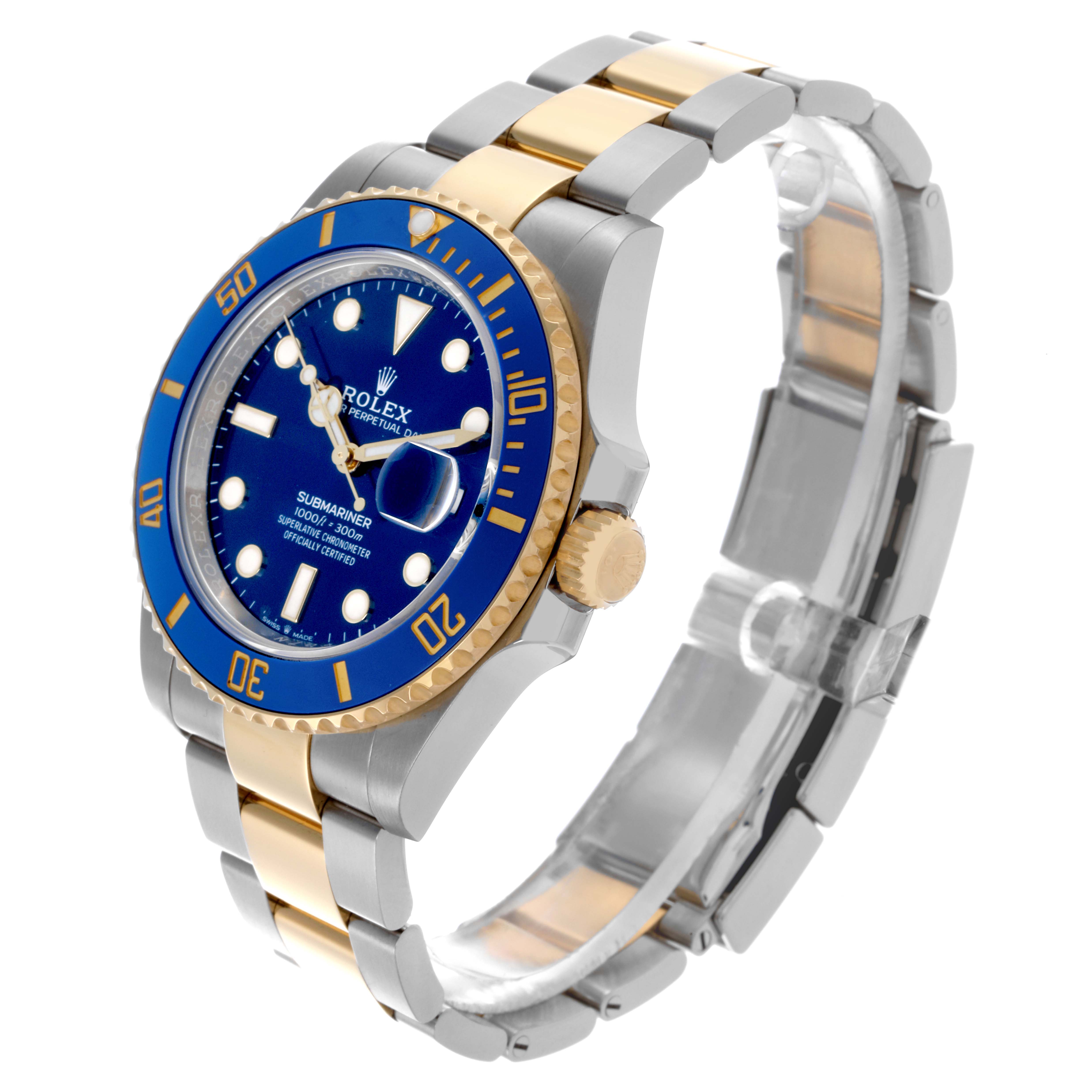 The Rolex Submariner 126613LB Men's Steel and Gold (two tone) Blue Dial 126613LB Men's Steel and Gold (two tone) Blue Dial watch is shown at a three-quarter angle, displaying its blue dial, bezel, gold crown, and two-tone bracelet.