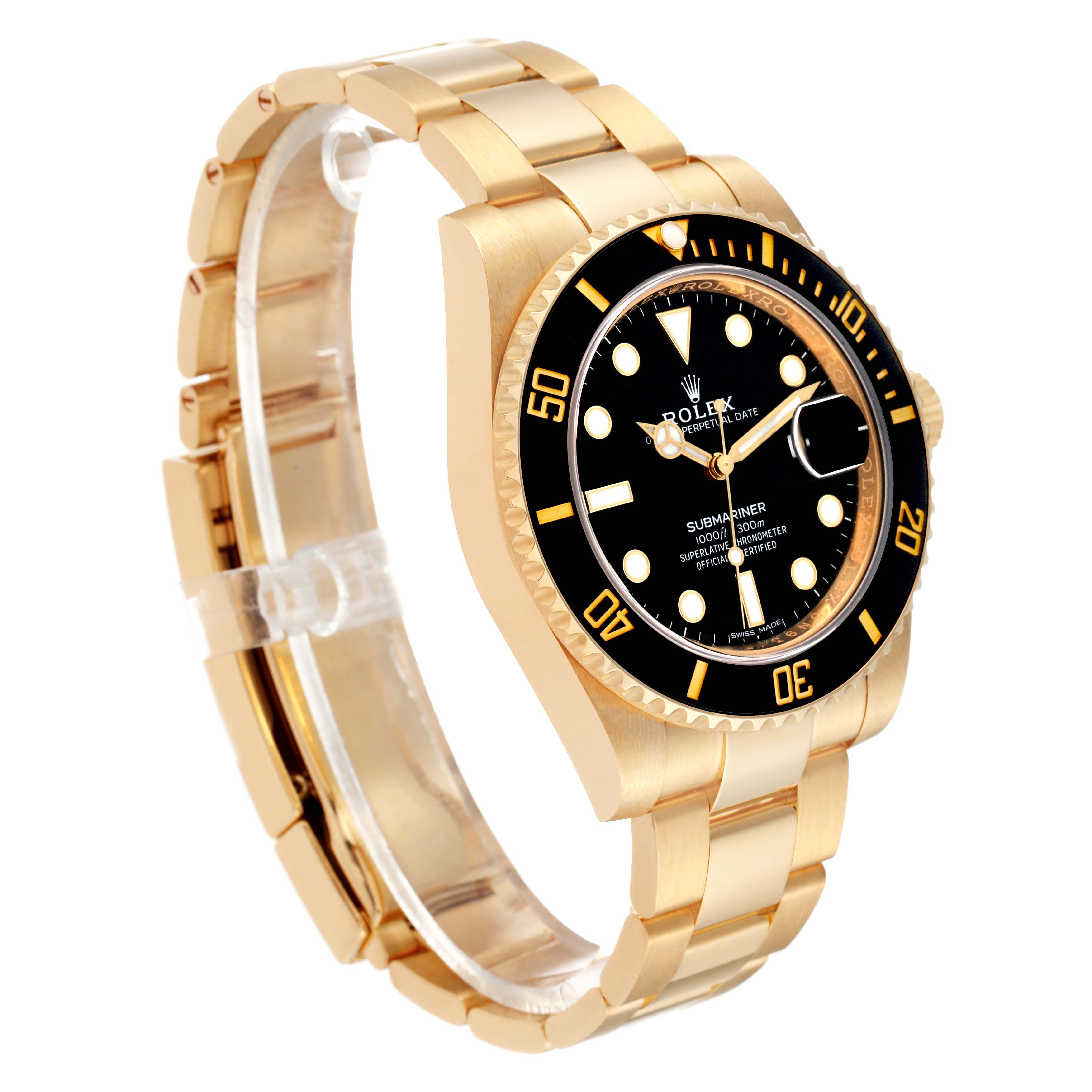 The Rolex Submariner 116618 Men's Yellow Gold Black Dial 116618 Men's Yellow Gold Black Dial watch is shown at a slight angle, displaying the face, bracelet, and bezel prominently.