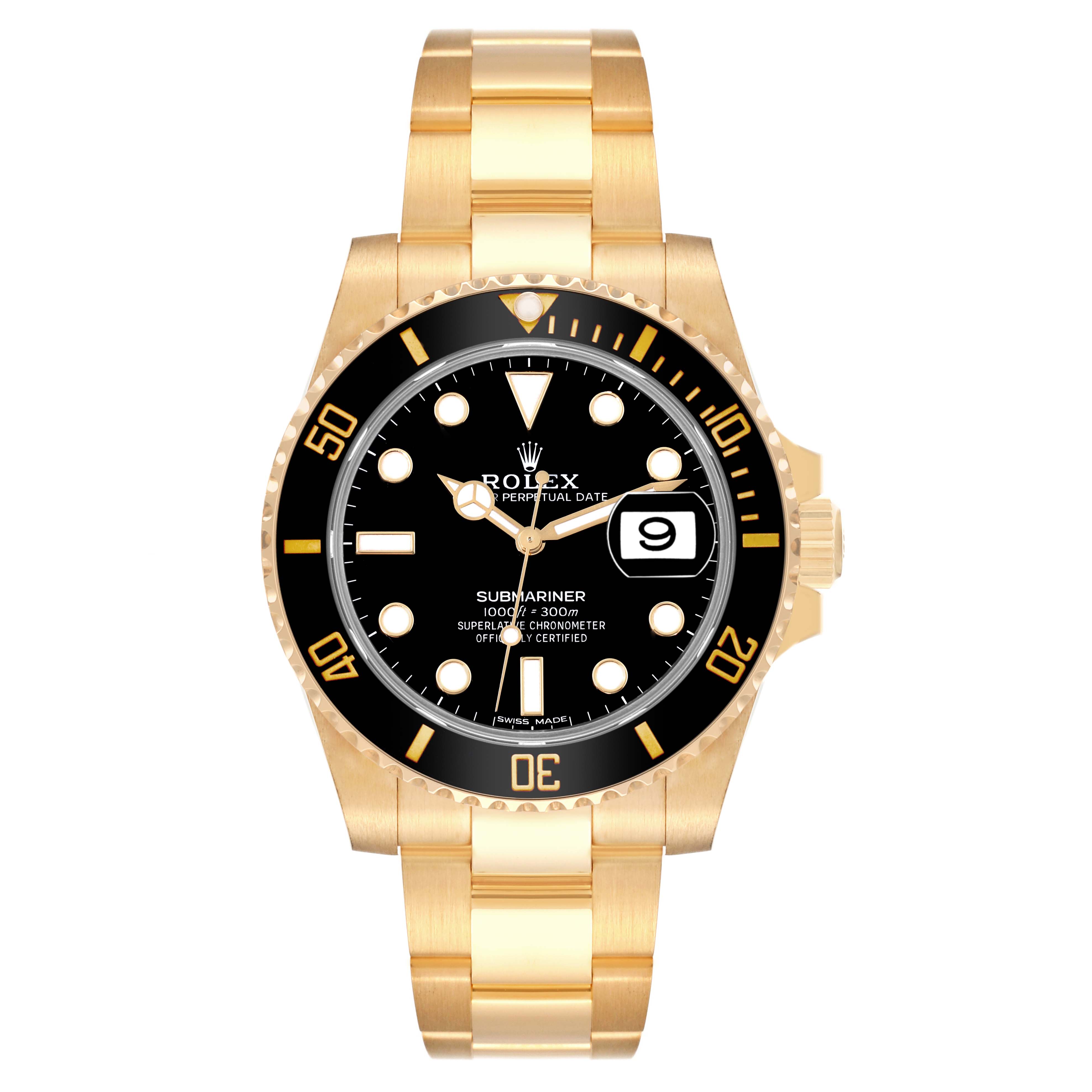 This is a front view of a Rolex Submariner 116618 Men's Yellow Gold Black Dial 116618 Men's Yellow Gold Black Dial watch, showing the bracelet, bezel, dial, and date window.