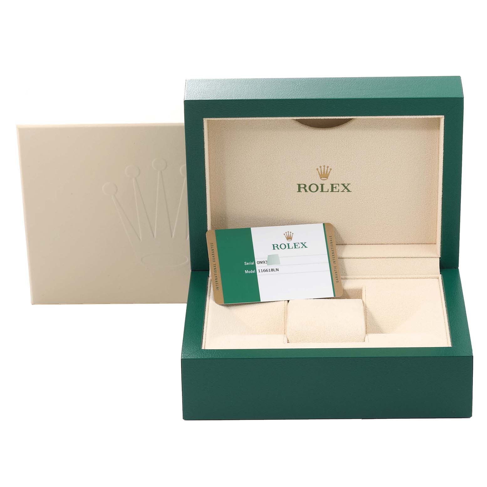 The image shows the open box and warranty card of a Rolex Submariner 116618 Men's Yellow Gold Black Dial 116618 Men's Yellow Gold Black Dial model.