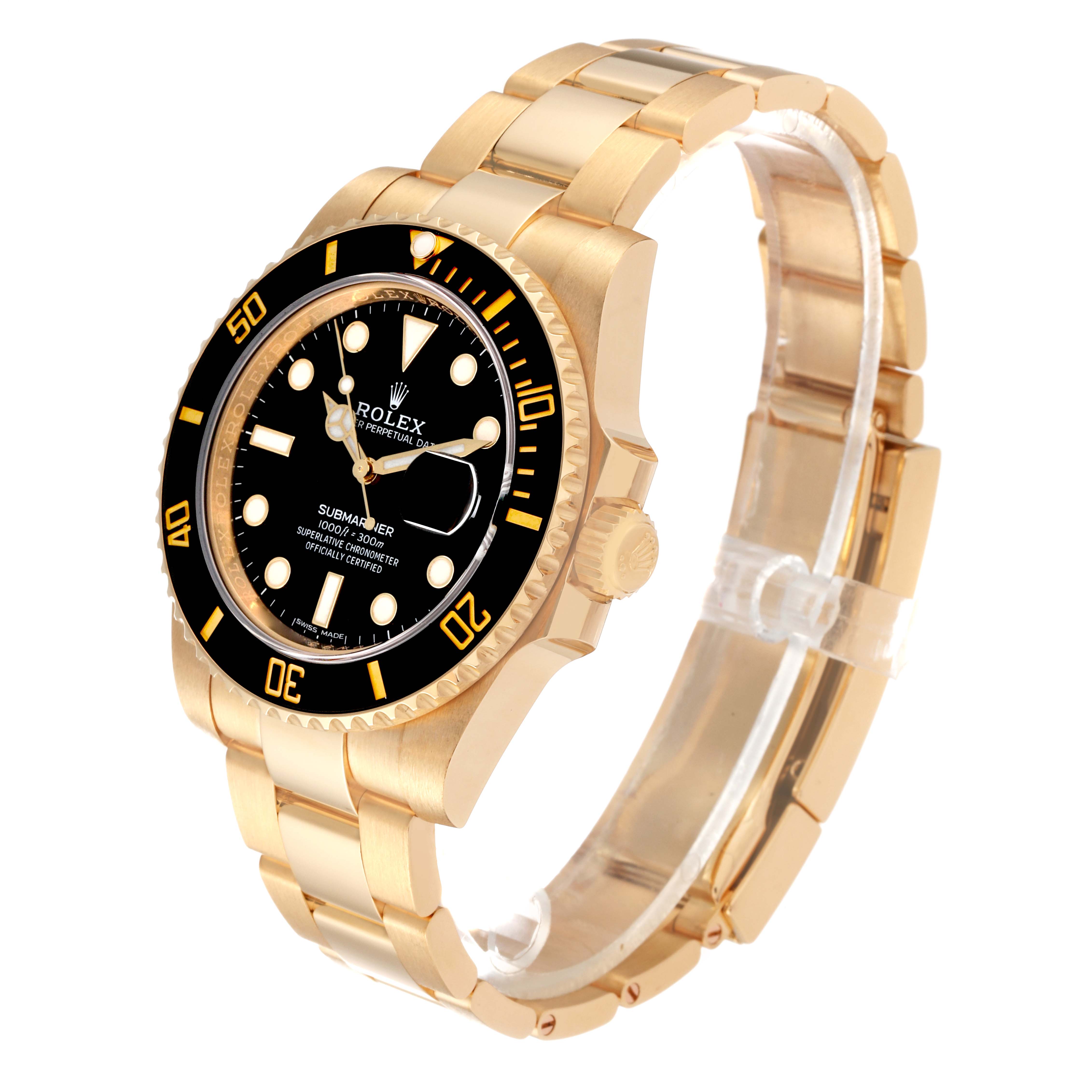The Rolex Submariner 116618 Men's Yellow Gold Black Dial 116618 Men's Yellow Gold Black Dial watch is shown at a 3/4 angle displaying the face, bezel, and bracelet.