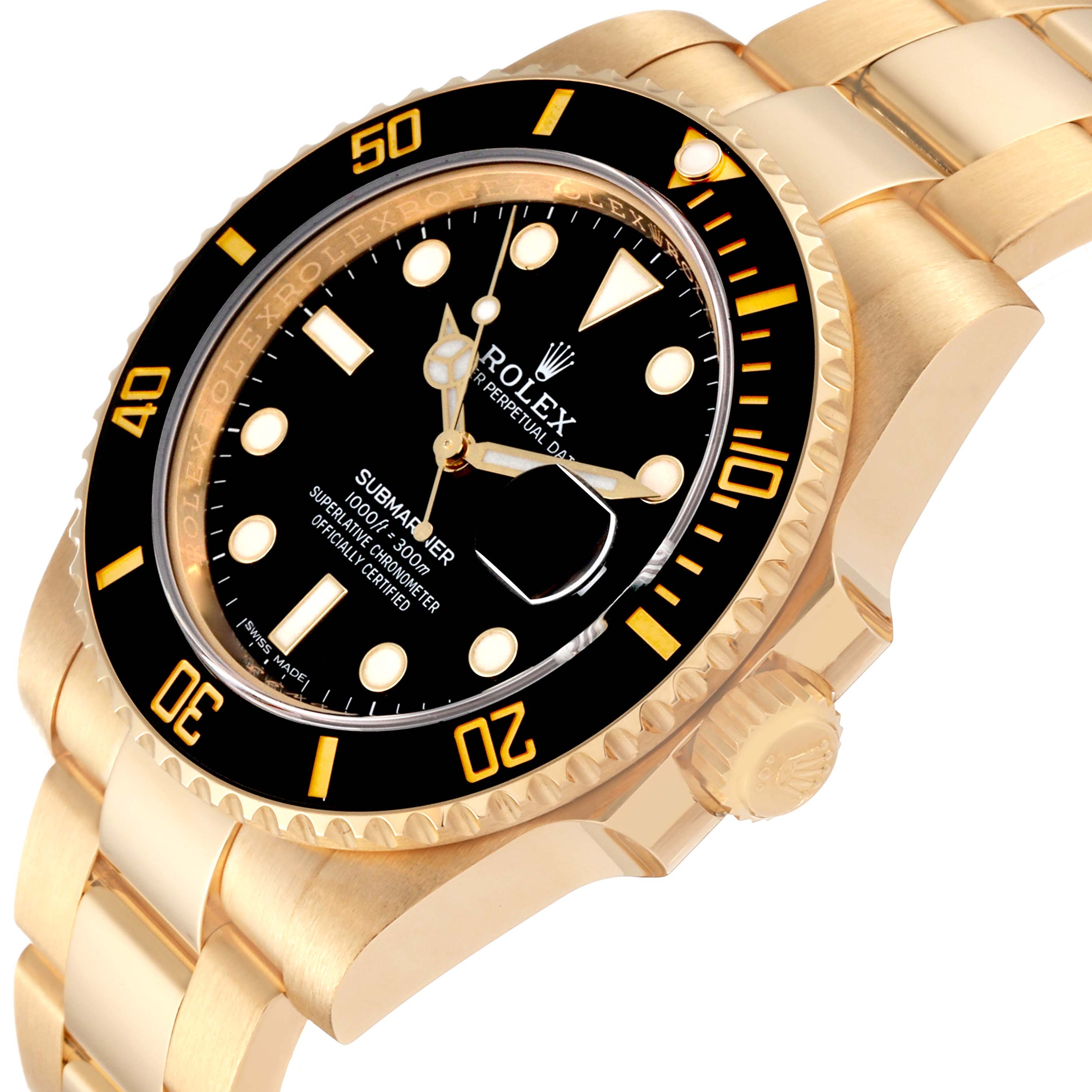 The image shows a close-up angle of the Rolex Submariner 116618 Men's Yellow Gold Black Dial 116618 Men's Yellow Gold Black Dial watch, highlighting its black bezel, dial, and gold bracelet.