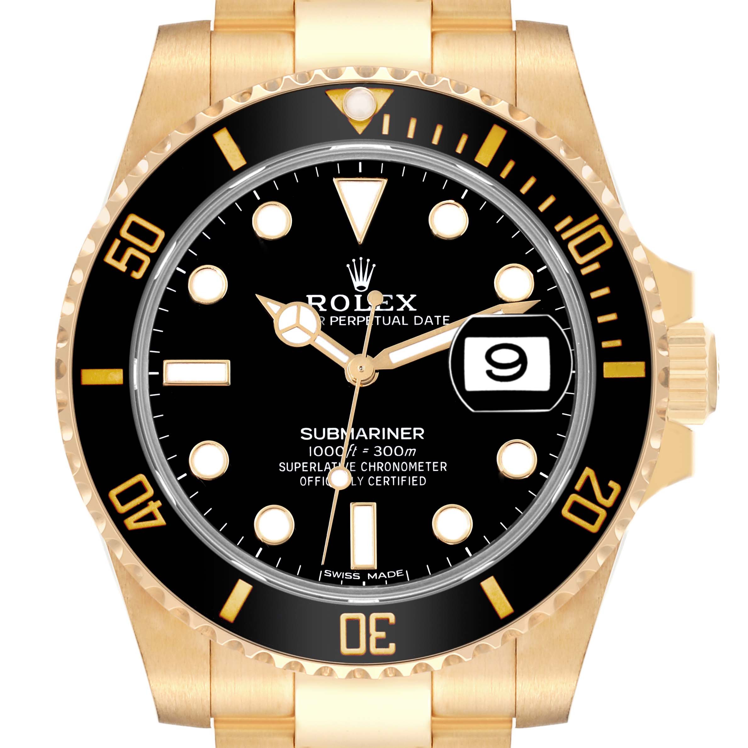 The image shows a front view of the Rolex Submariner 116618 Men's Yellow Gold Black Dial 116618 Men's Yellow Gold Black Dial watch, highlighting the dial, bezel, and part of the bracelet.