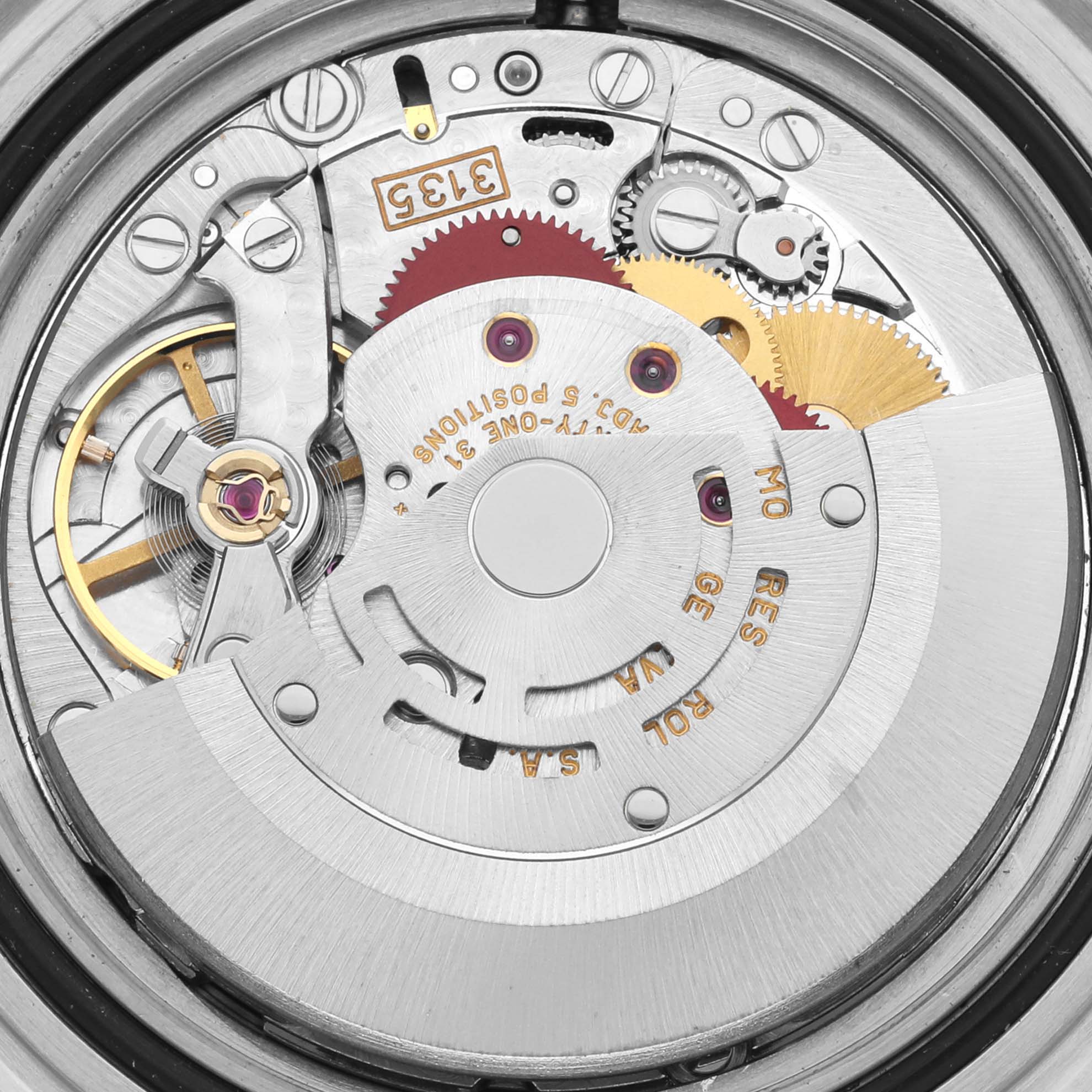 The image shows the internal movement of a Rolex Submariner 16613 Men's Steel and Gold (two tone) Blue Dial 16613 Men's Steel and Gold (two tone) Blue Dial watch from a top-down angle.