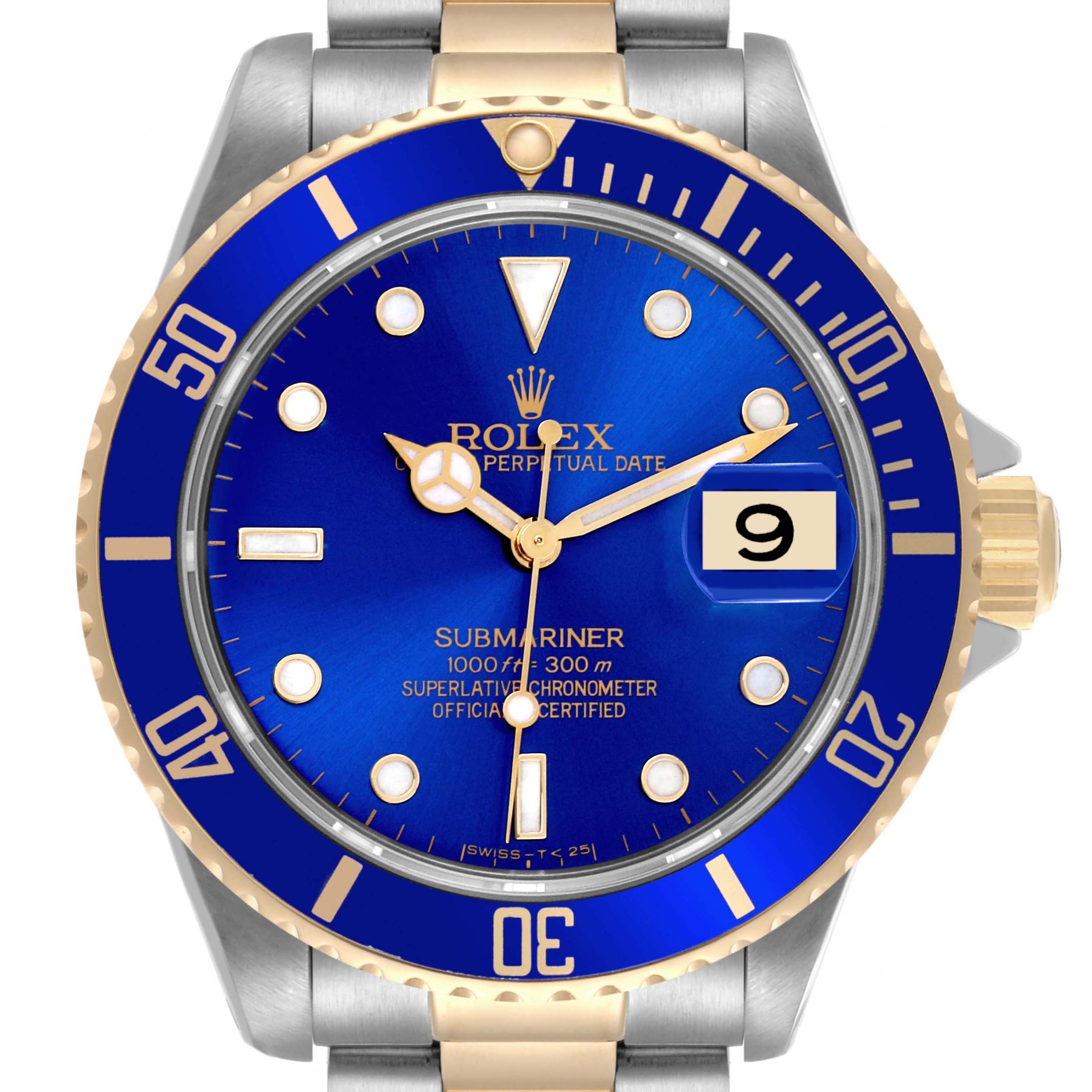 The Rolex Submariner 16613 Men's Steel and Gold (two tone) Blue Dial 16613 Men's Steel and Gold (two tone) Blue Dial watch is shown from the front, highlighting its blue dial, date window, and two-tone bezel and bracelet.