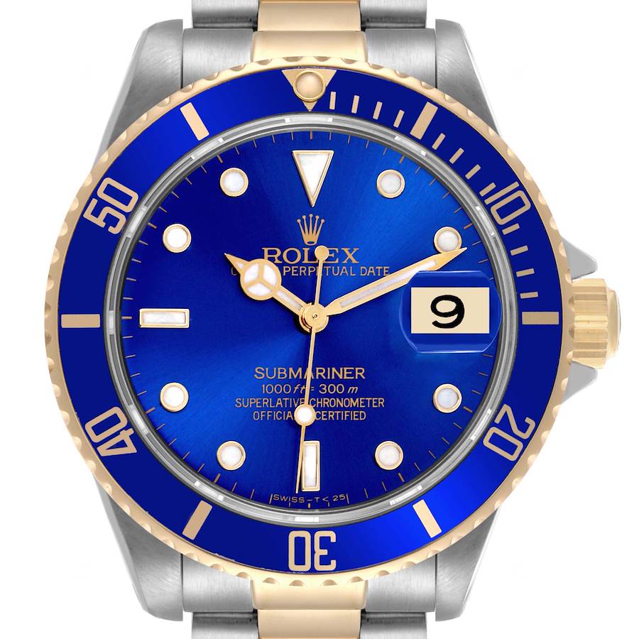 The Rolex Submariner watch is shown from the front, highlighting its blue dial, date window, and two-tone bezel and bracelet.