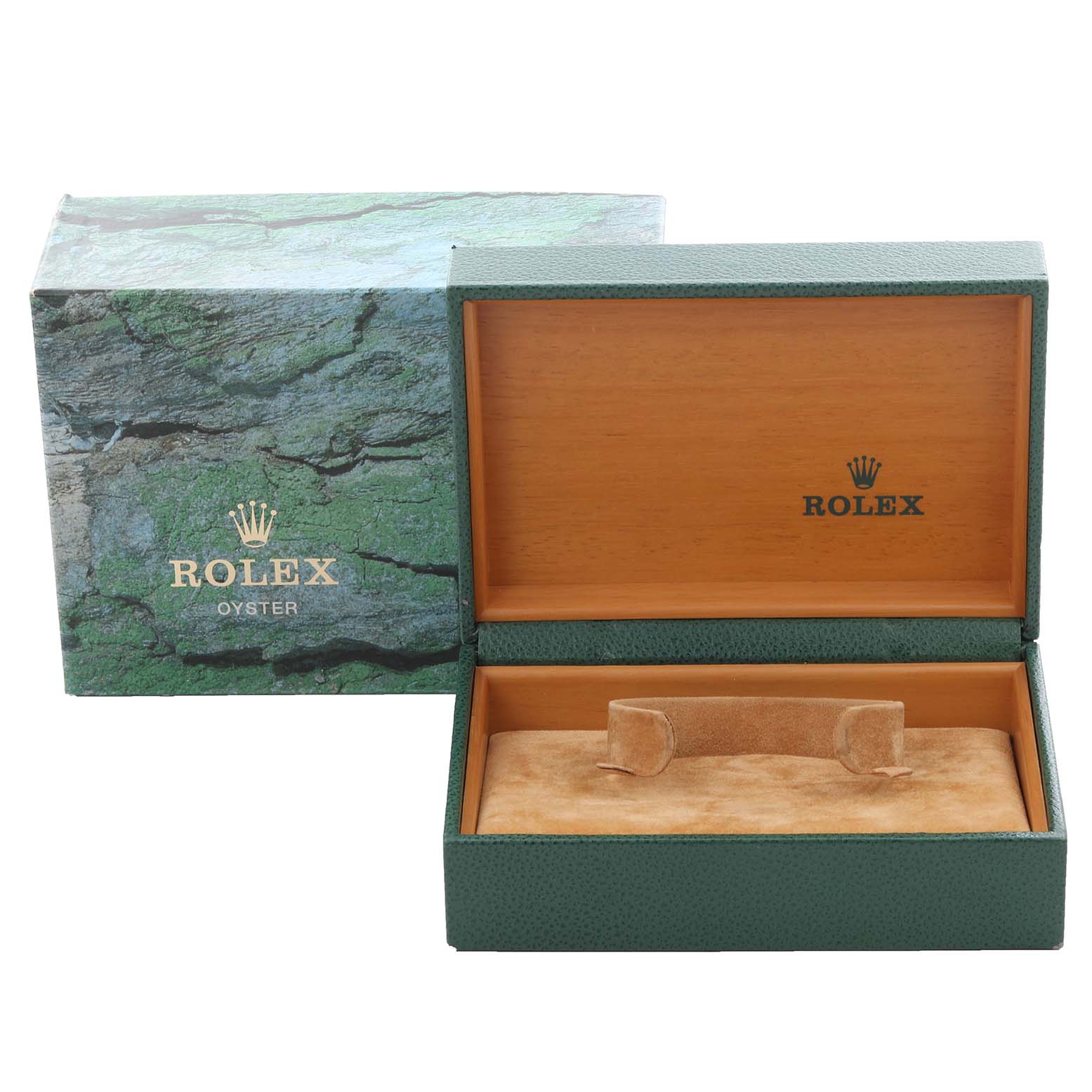 The image shows a Rolex box at an angle, with the lid open, revealing the interior where a Submariner model watch would be placed.