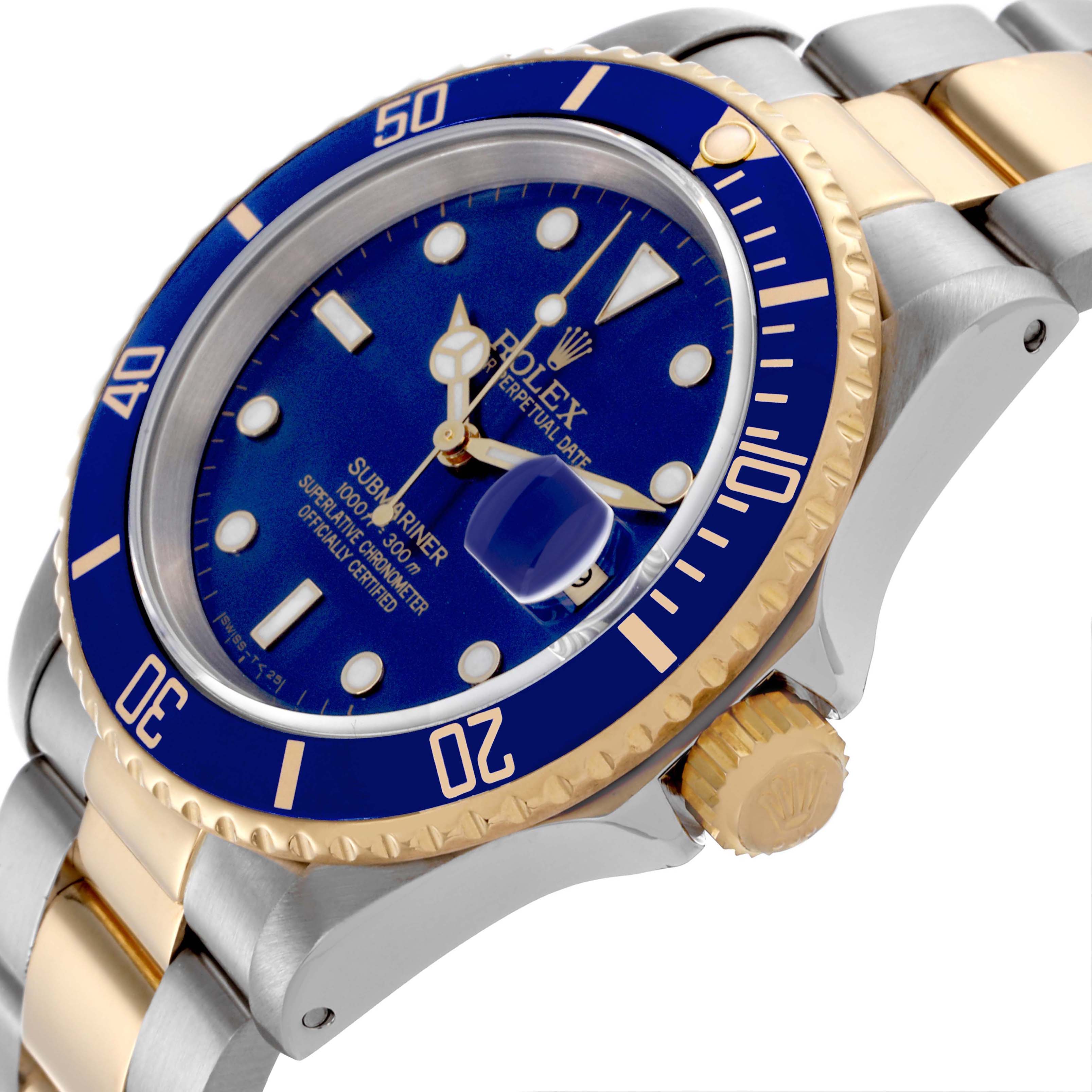 The Rolex Submariner 16613 Men's Steel and Gold (two tone) Blue Dial 16613 Men's Steel and Gold (two tone) Blue Dial watch is shown at an angled side view, displaying the bezel, dial, and part of the bracelet.