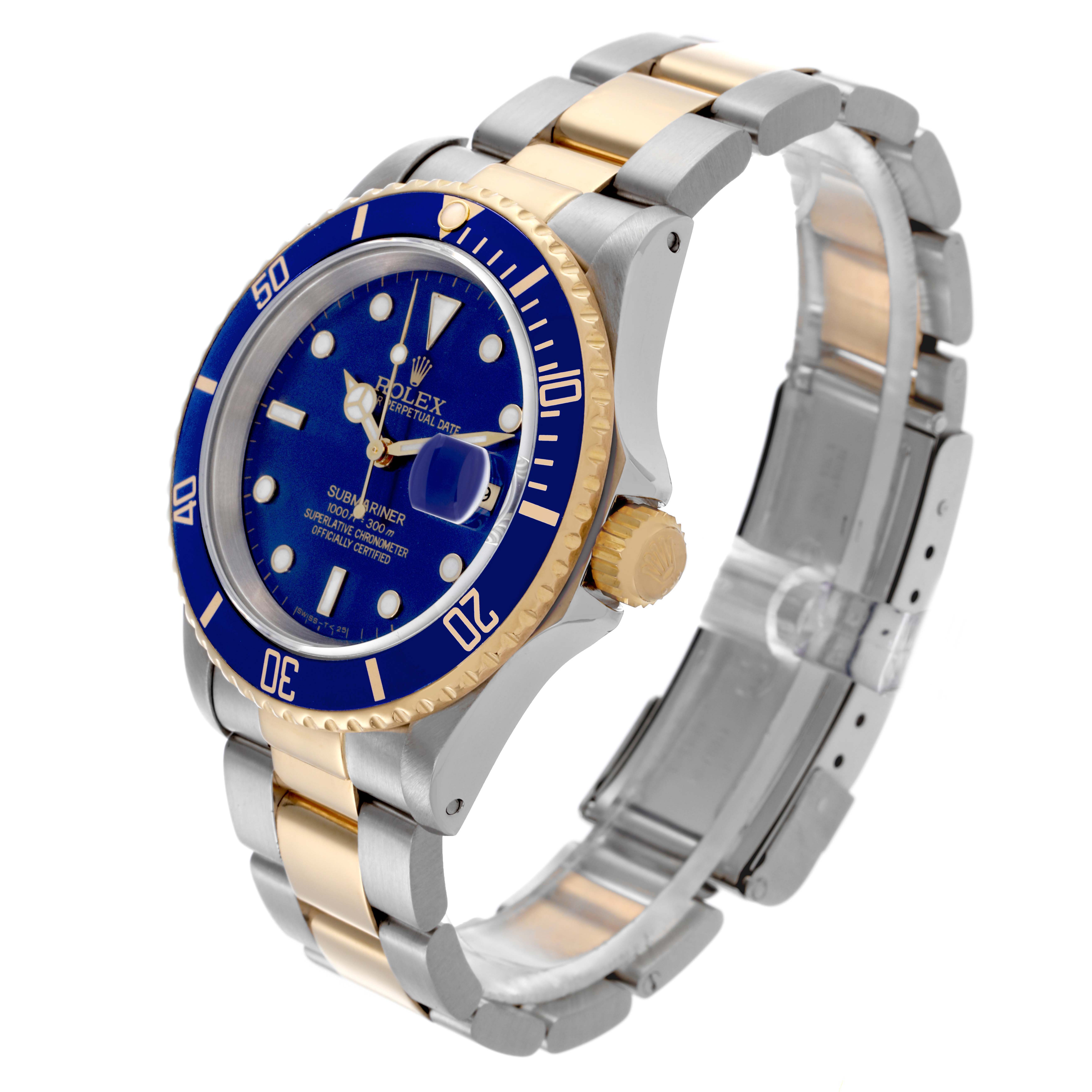 The Rolex Submariner 16613 Men's Steel and Gold (two tone) Blue Dial 16613 Men's Steel and Gold (two tone) Blue Dial watch is shown at a three-quarter angle, displaying the face, bezel, crown, and bracelet.
