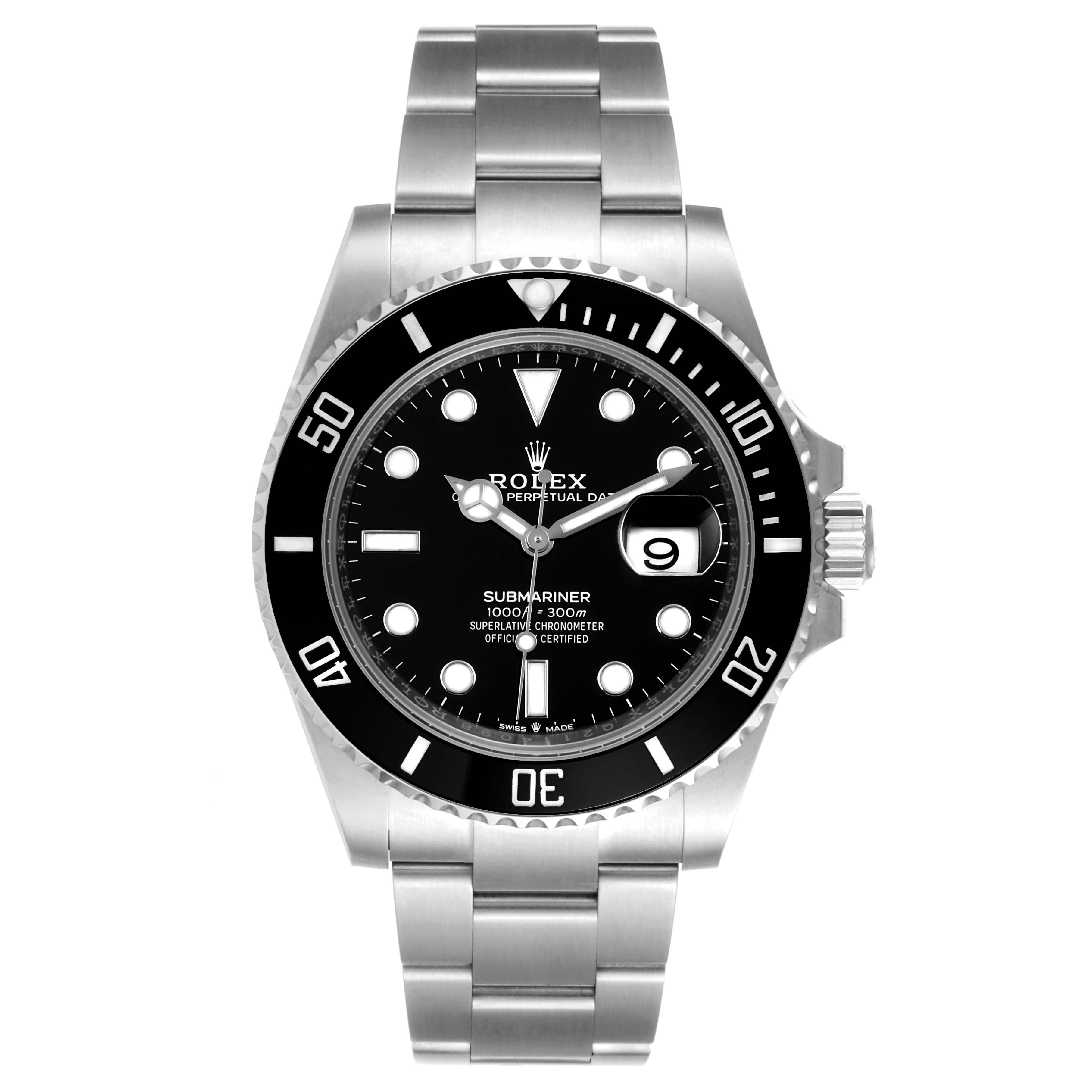 This image shows a Rolex Submariner 126610LN Men
s Stainless Steel Black Dial 126610LN Men
s Stainless Steel Black Dial watch from a front angle, displaying the dial, bezel, and bracelet.