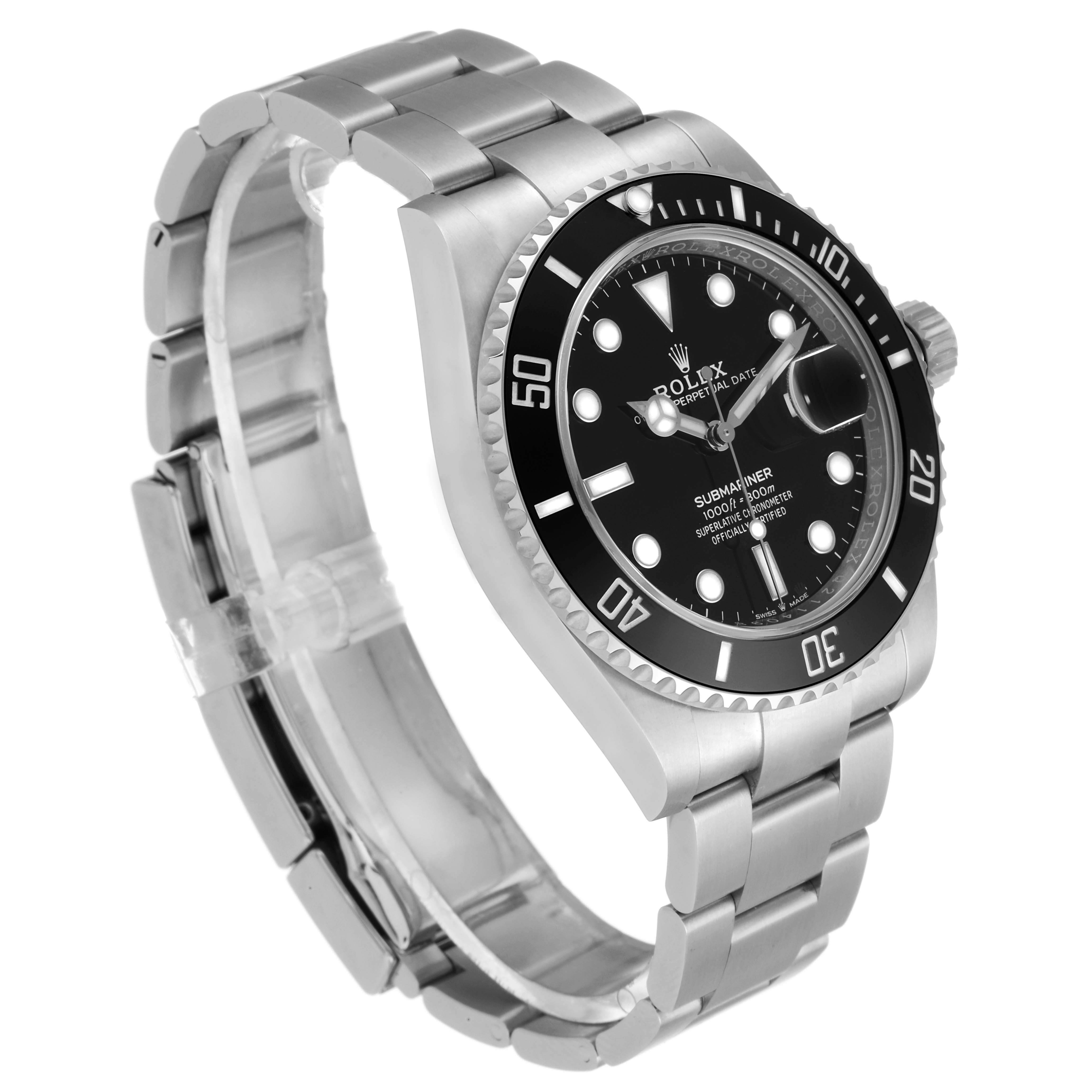 This is a side angle view of a Rolex Submariner 126610LN Men
s Stainless Steel Black Dial 126610LN Men
s Stainless Steel Black Dial watch, showing the face, bezel, bracelet, and crown.