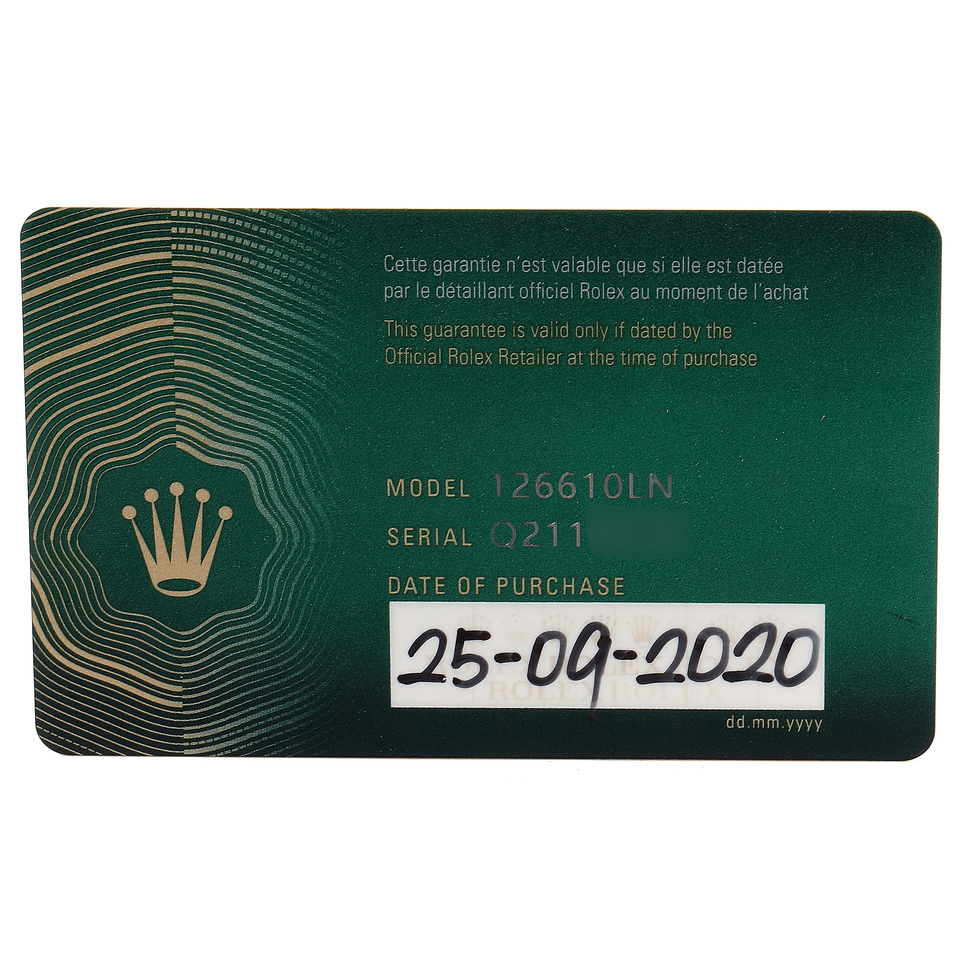 The image shows the warranty card for a Rolex Submariner 126610LN Men
s Stainless Steel Black Dial 126610LN Men
s Stainless Steel Black Dial model 126610LN, featuring purchase details and serial number Q211.