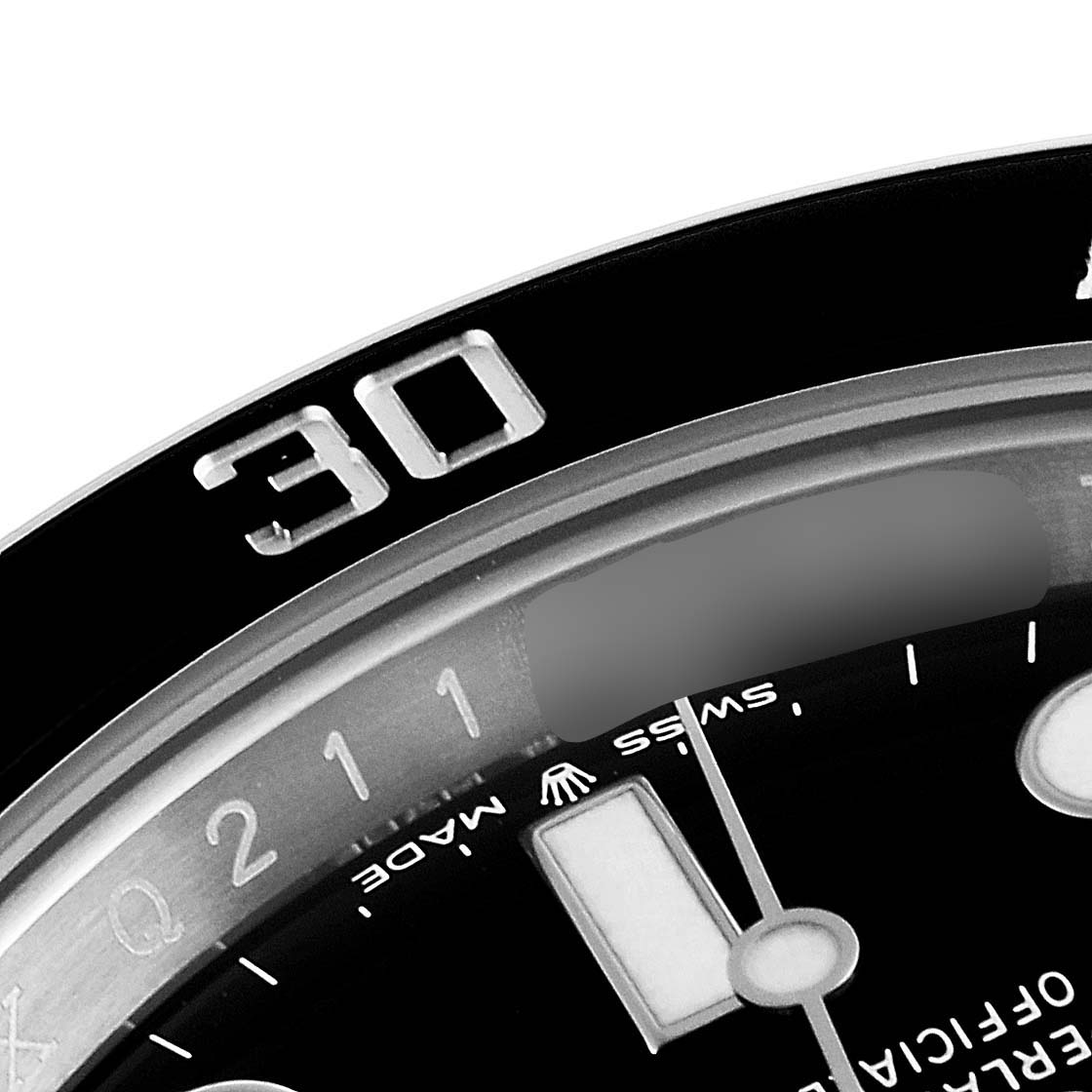 The close-up angle shows the bezel and part of the dial of the Rolex Submariner 126610LN Men
s Stainless Steel Black Dial 126610LN Men
s Stainless Steel Black Dial watch, highlighting the "30" marking.