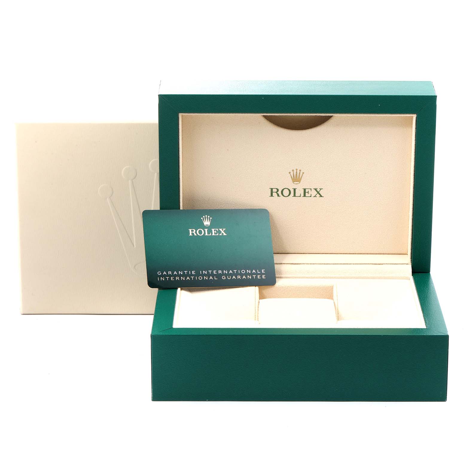 The image shows the packaging box and international guarantee card for a Rolex Submariner 126610LN Men
s Stainless Steel Black Dial 126610LN Men
s Stainless Steel Black Dial watch.