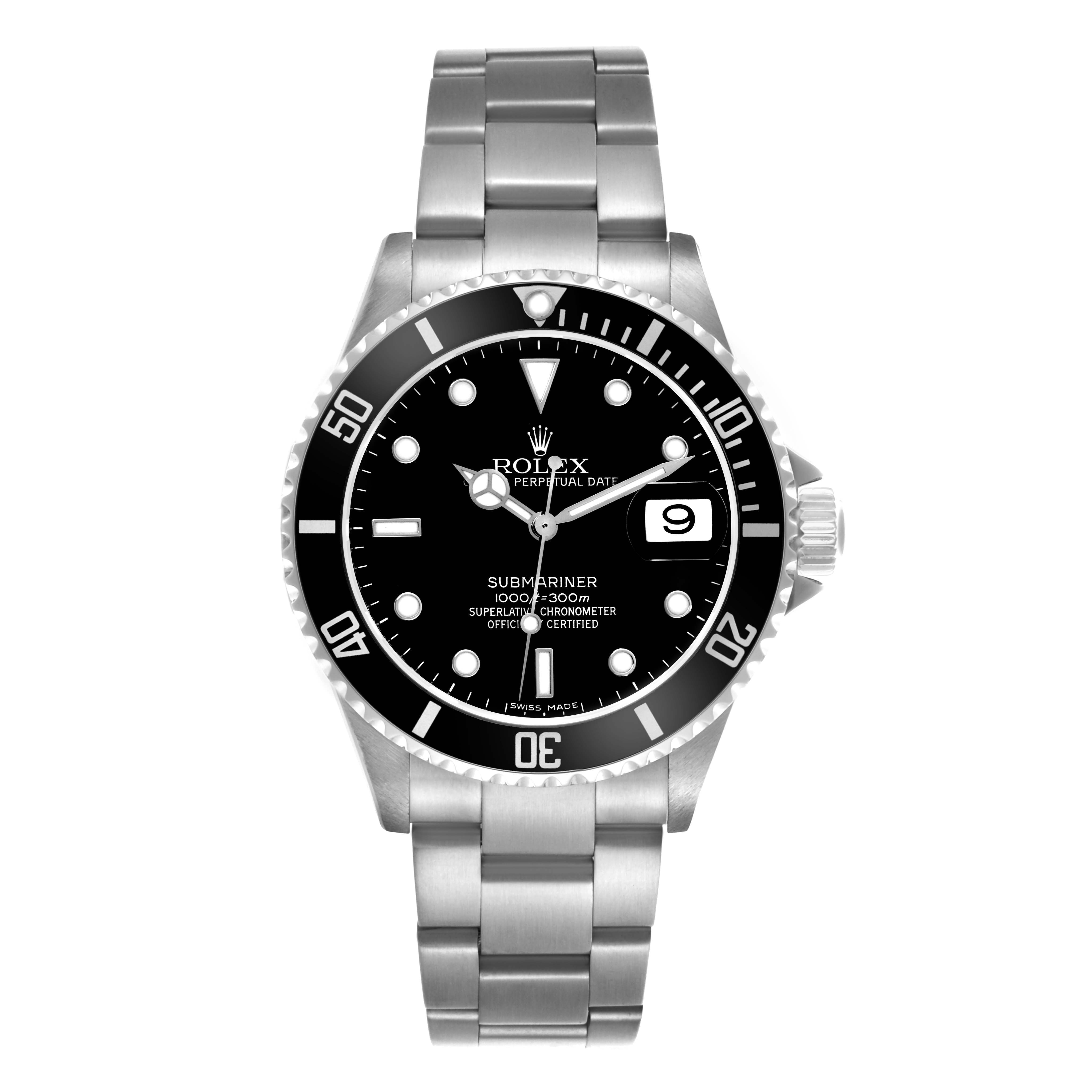 The image shows a front view of the Rolex Submariner 16610 Men's Stainless Steel Black Dial 16610 Men's Stainless Steel Black Dial watch, displaying its bezel, dial, bracelet, and crown.