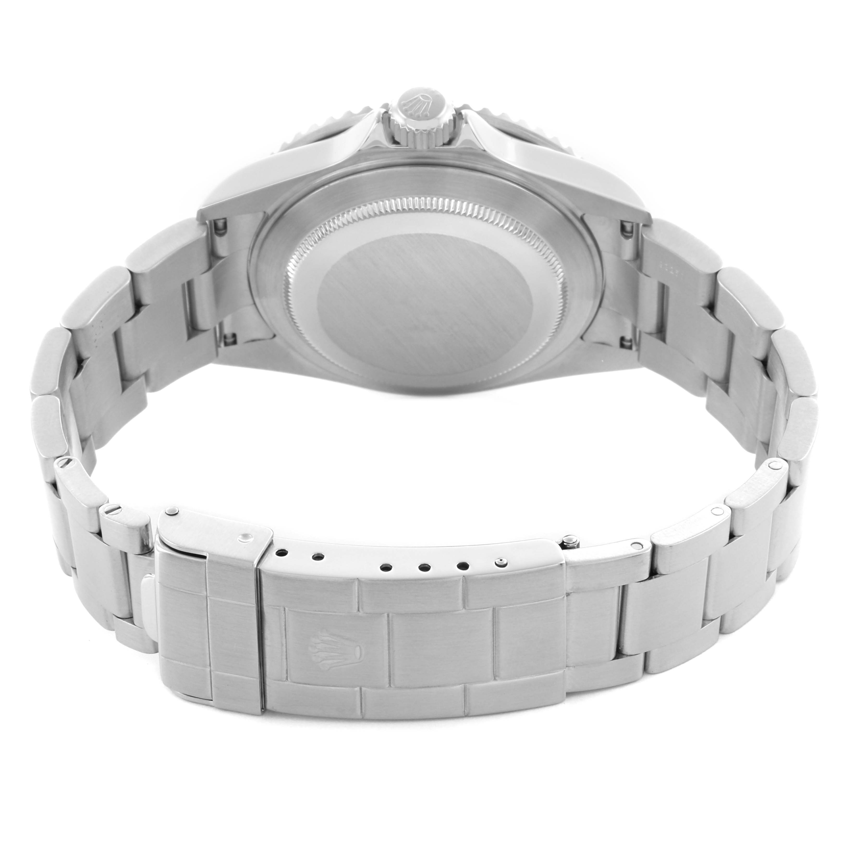 The image shows the back case and bracelet of a Rolex Submariner 16610 Men's Stainless Steel Black Dial 16610 Men's Stainless Steel Black Dial, viewed from the rear, focusing on the clasp and bracelet links.