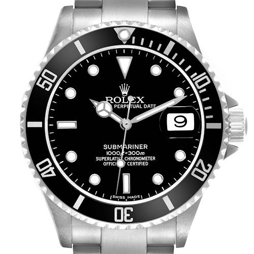 The image shows a front angle of the Rolex Submariner, displaying the dial, bezel, crown, and part of the bracelet.