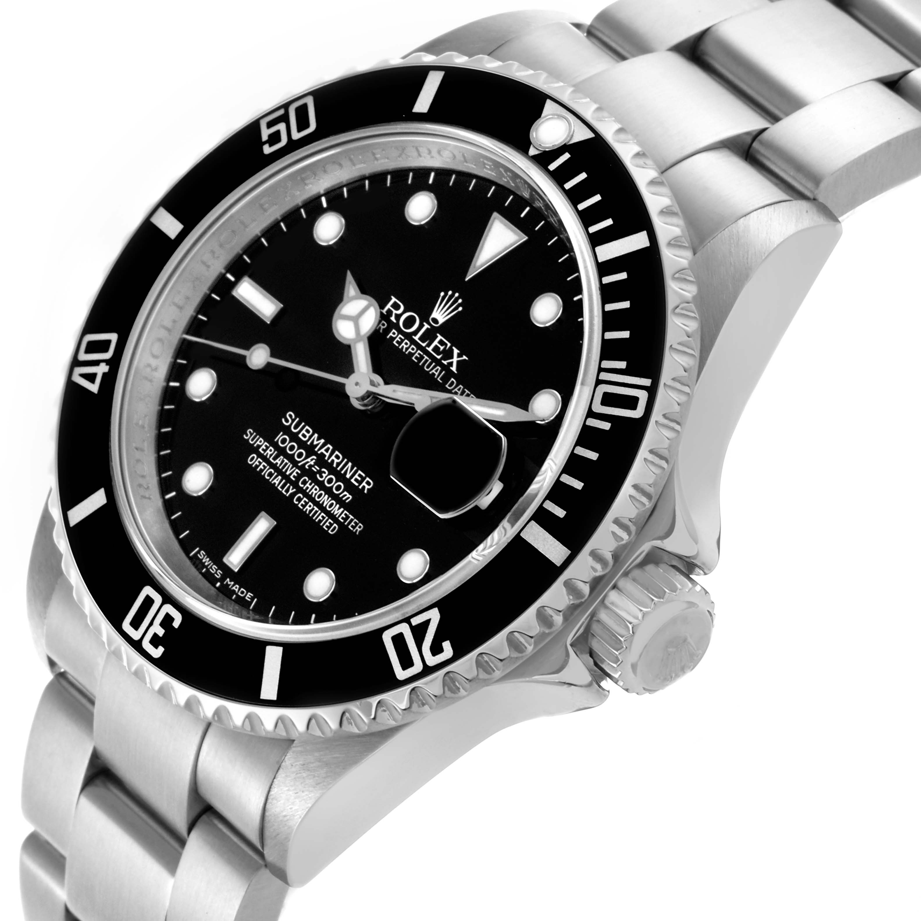 The Rolex Submariner 16610 Men's Stainless Steel Black Dial 16610 Men's Stainless Steel Black Dial watch is shown at an angled side view, highlighting the dial, bezel, crown, and bracelet.