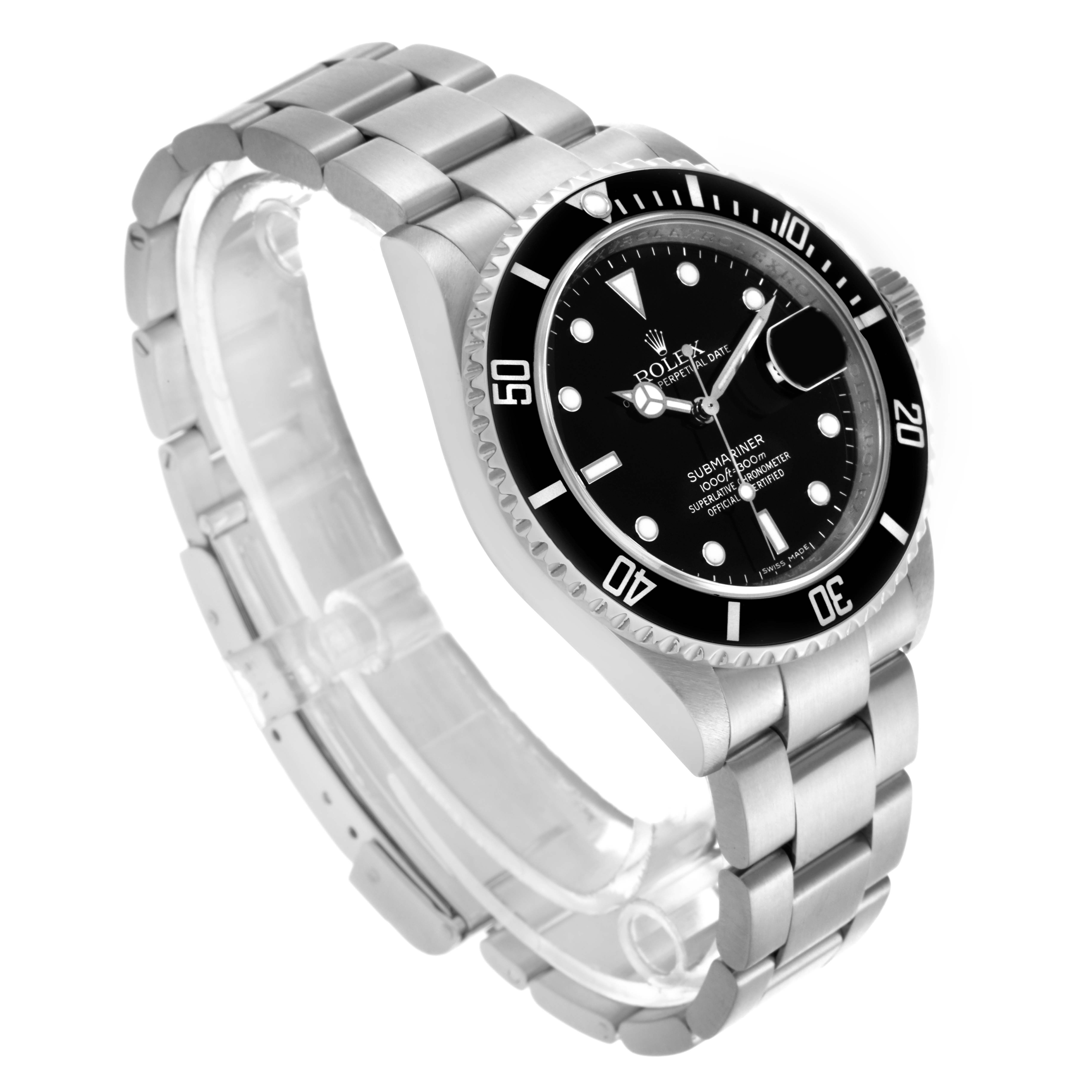 The Rolex Submariner 16610 Men's Stainless Steel Black Dial 16610 Men's Stainless Steel Black Dial watch is shown at an angled side view, highlighting the bracelet, bezel, and black dial.
