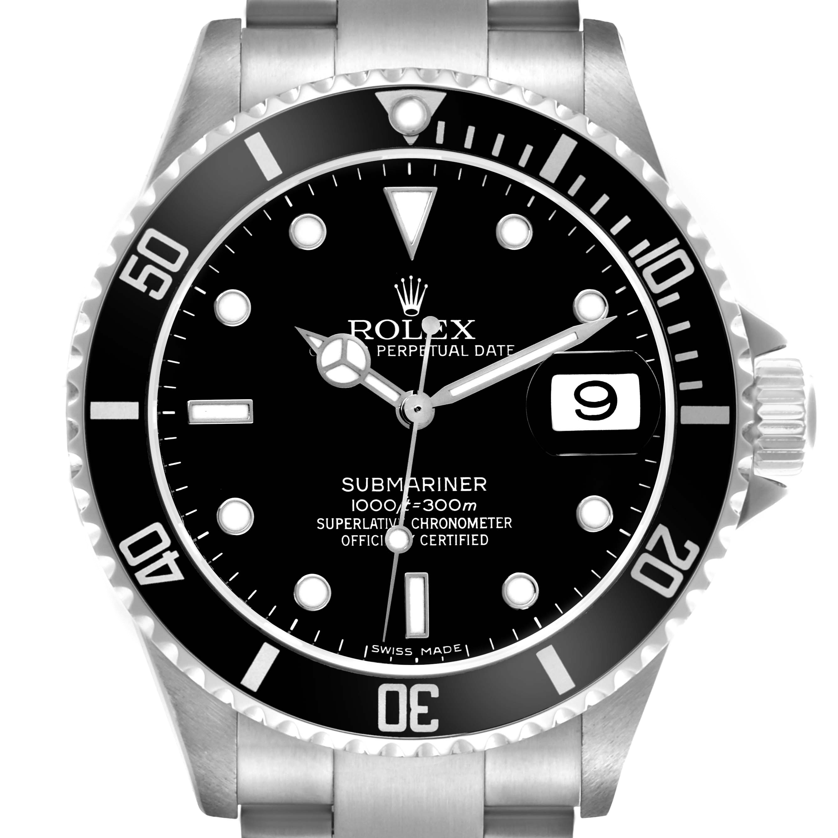 The Rolex Submariner 16610 Men's Stainless Steel Black Dial 16610 Men's Stainless Steel Black Dial watch is shown from the front, displaying the dial, bezel, and part of the bracelet.