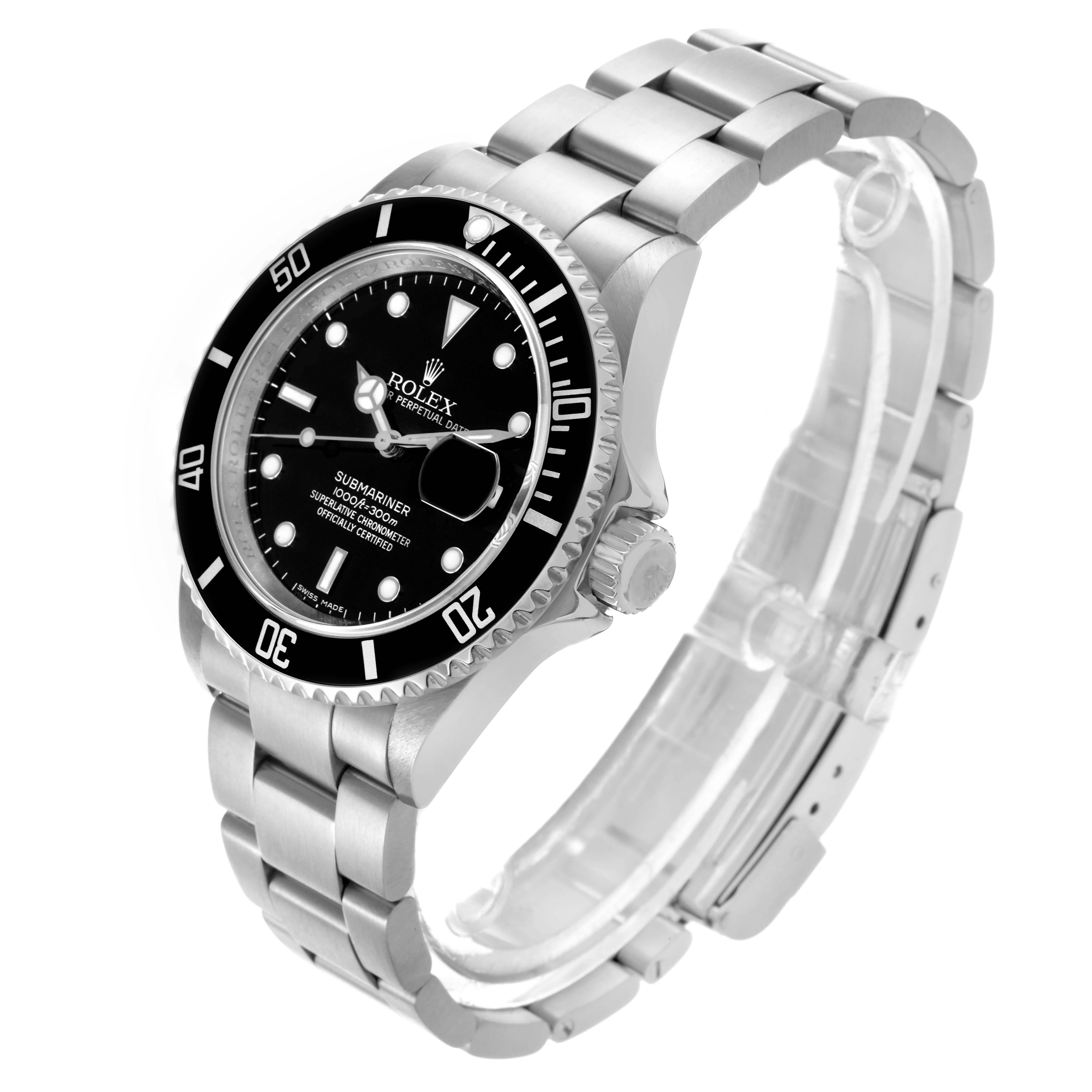 The Rolex Submariner 16610 Men's Stainless Steel Black Dial 16610 Men's Stainless Steel Black Dial watch is shown at a three-quarter angle, highlighting the bezel, dial, crown, and bracelet.
