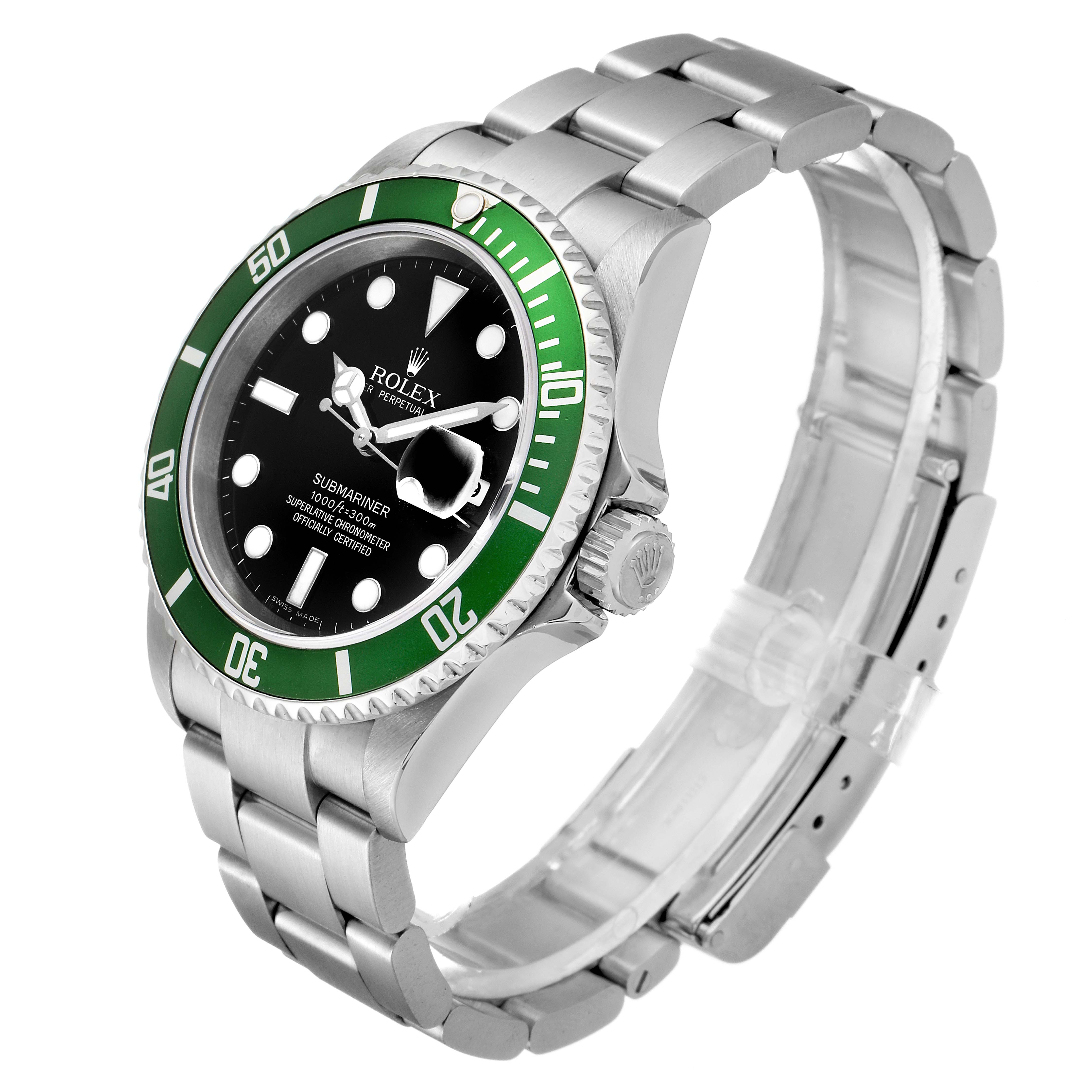 The image shows a Rolex Submariner 16610LV Men
s Stainless Steel Black Dial 16610LV Men
s Stainless Steel Black Dial watch at an oblique angle, highlighting its green bezel, black dial, and metal bracelet.