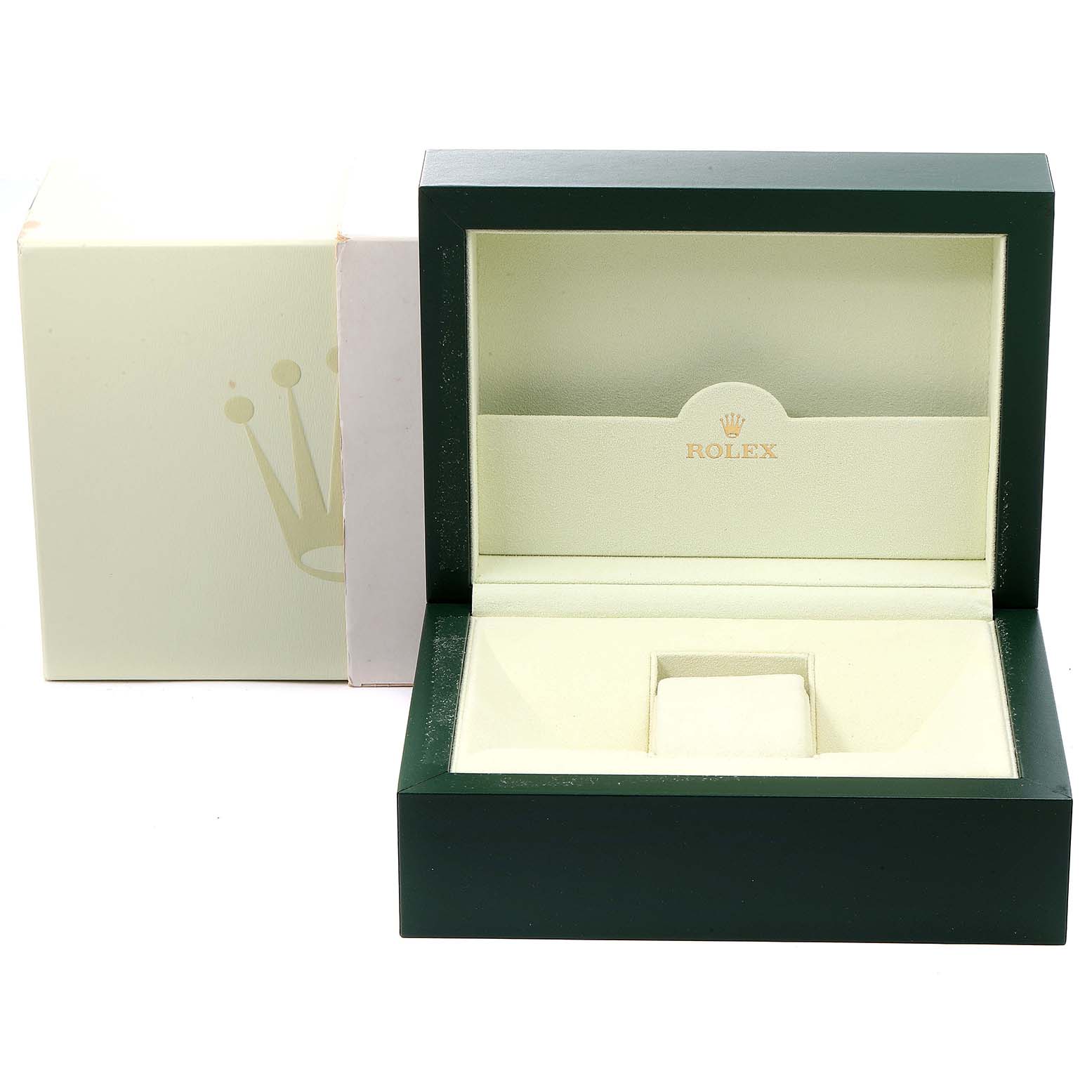 The image shows an empty green Rolex Submariner 16610LV Men
s Stainless Steel Black Dial 16610LV Men
s Stainless Steel Black Dial watch box, with a cushion for holding the watch, and an outer box in the background.