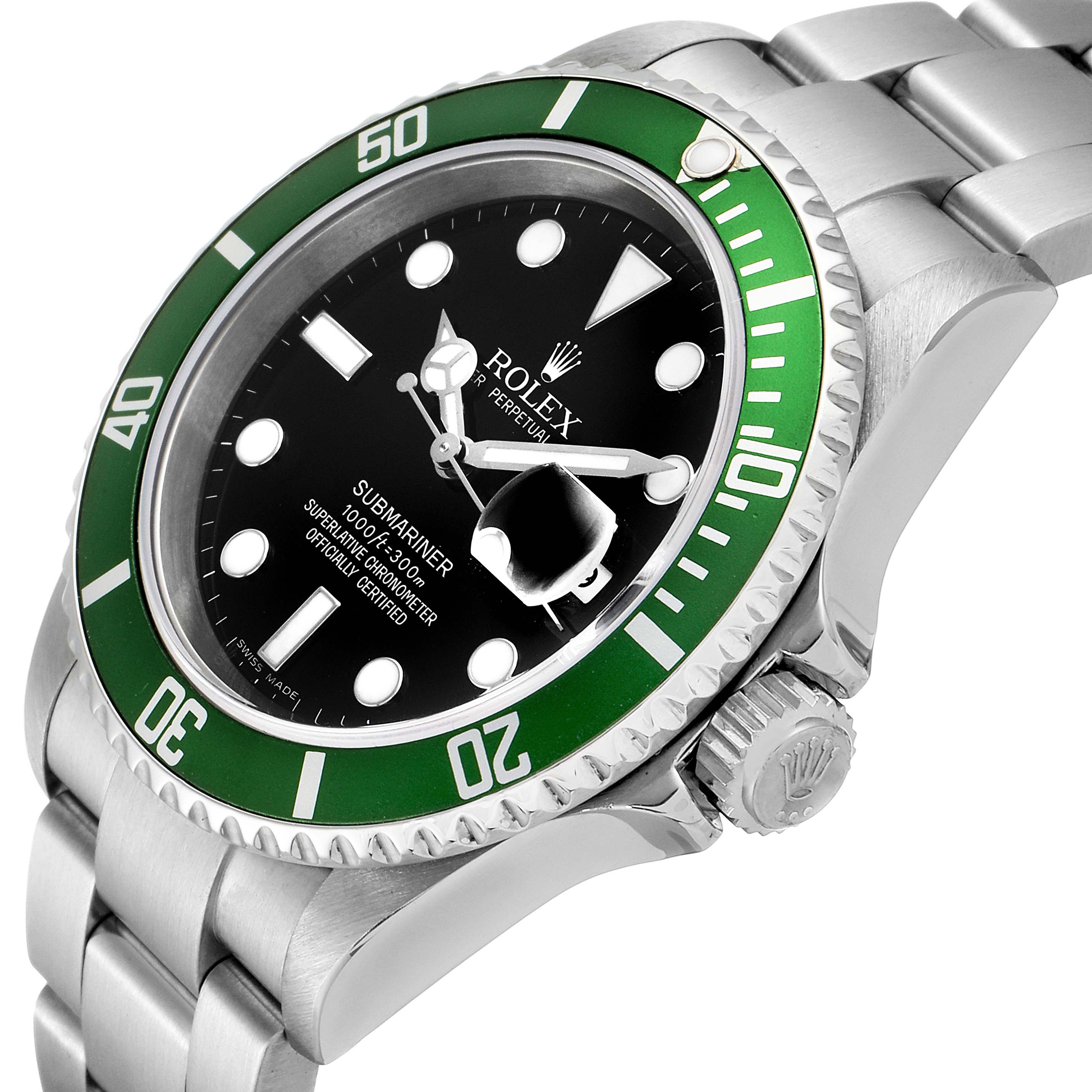 The image shows a Rolex Submariner 16610LV Men
s Stainless Steel Black Dial 16610LV Men
s Stainless Steel Black Dial watch from an oblique angle, featuring the green bezel, black dial, crown, and part of the bracelet.