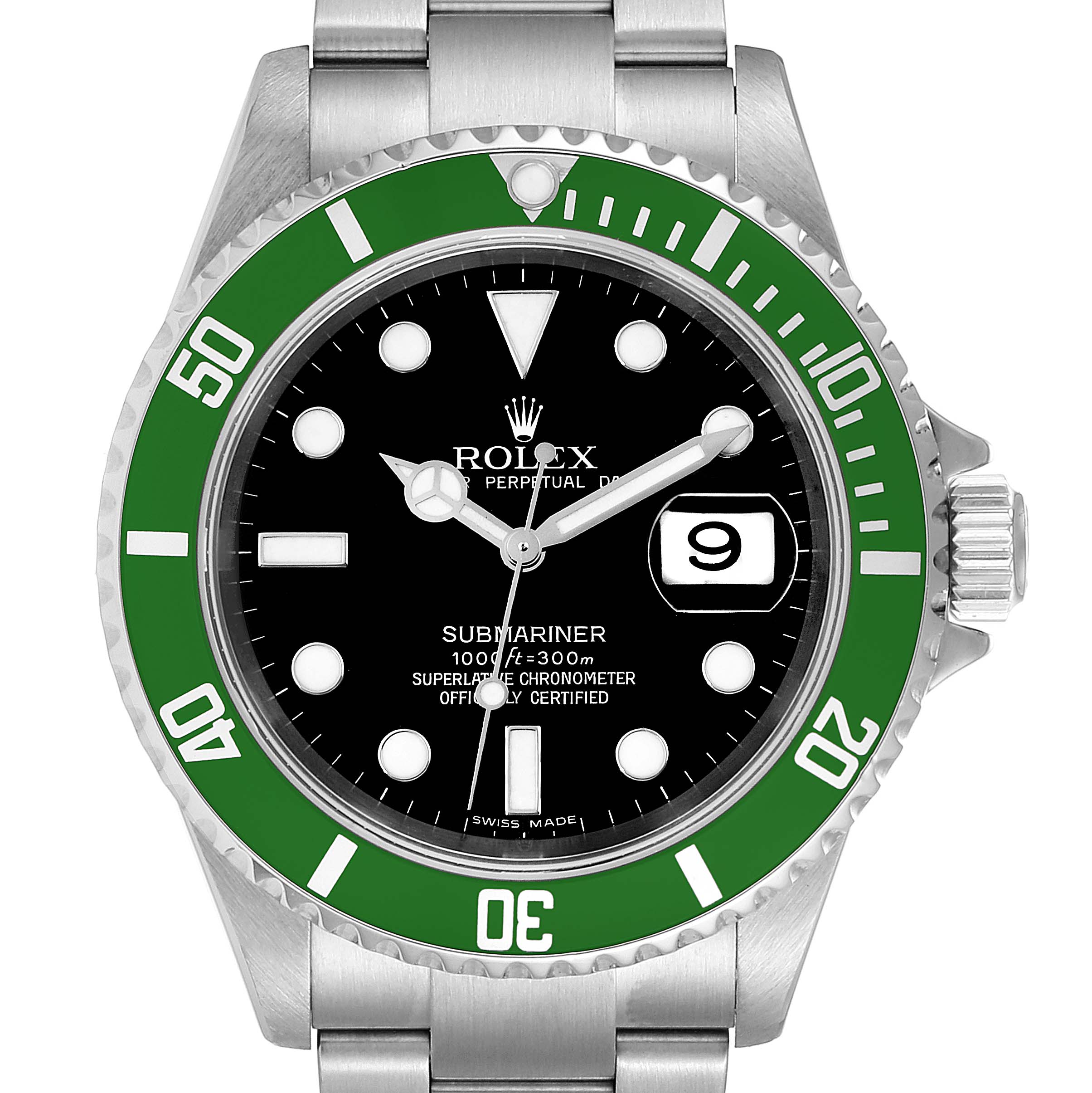 The image shows a front view of a Rolex Submariner 16610LV Men
s Stainless Steel Black Dial 16610LV Men
s Stainless Steel Black Dial watch, highlighting its green bezel, black dial, and date window.