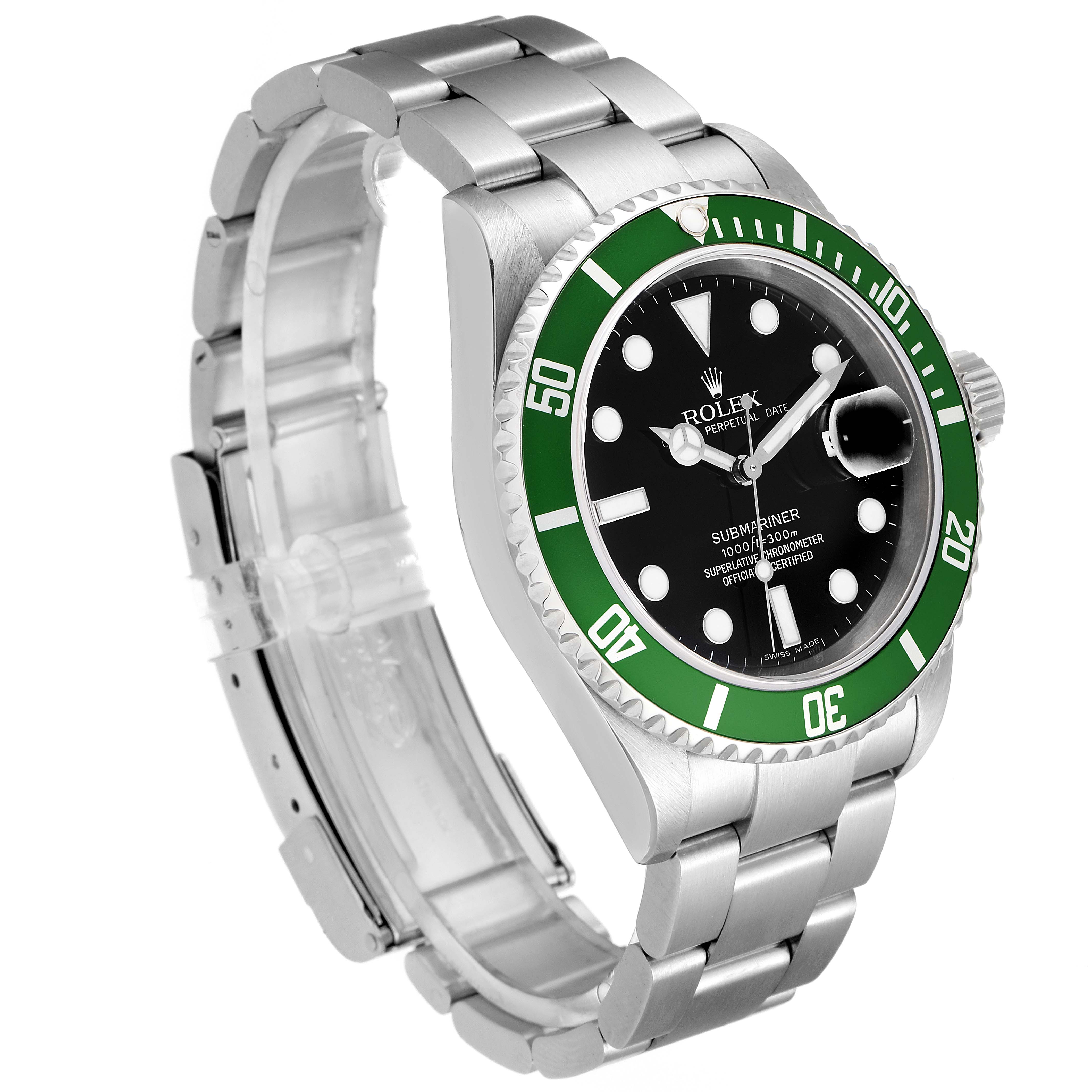 The image shows a Rolex Submariner 16610LV Men
s Stainless Steel Black Dial 16610LV Men
s Stainless Steel Black Dial watch at a three-quarter angle, highlighting its green bezel, black dial, and stainless steel bracelet.