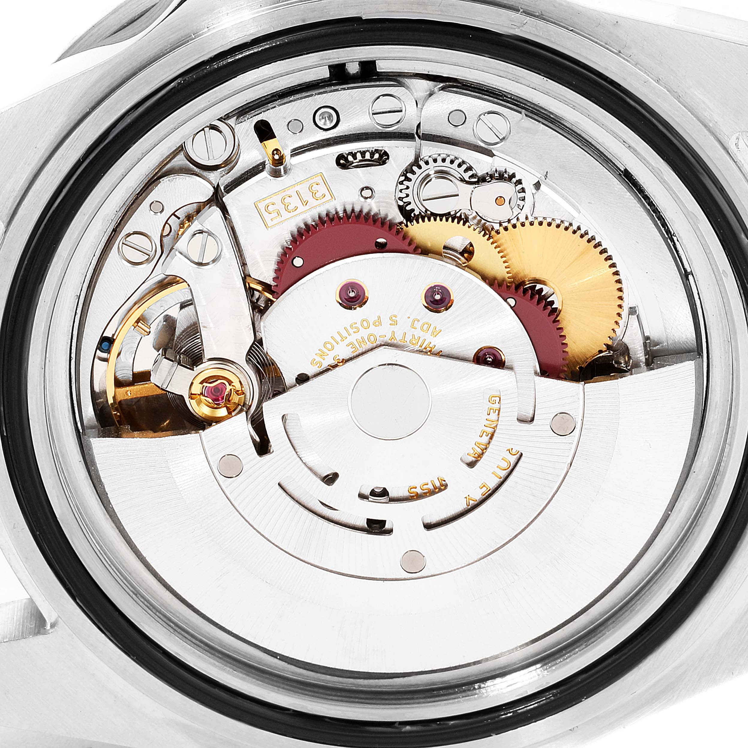 The image shows the inner mechanism and movement of the Rolex Submariner 16610LV Men
s Stainless Steel Black Dial 16610LV Men
s Stainless Steel Black Dial watch from a rear angle.