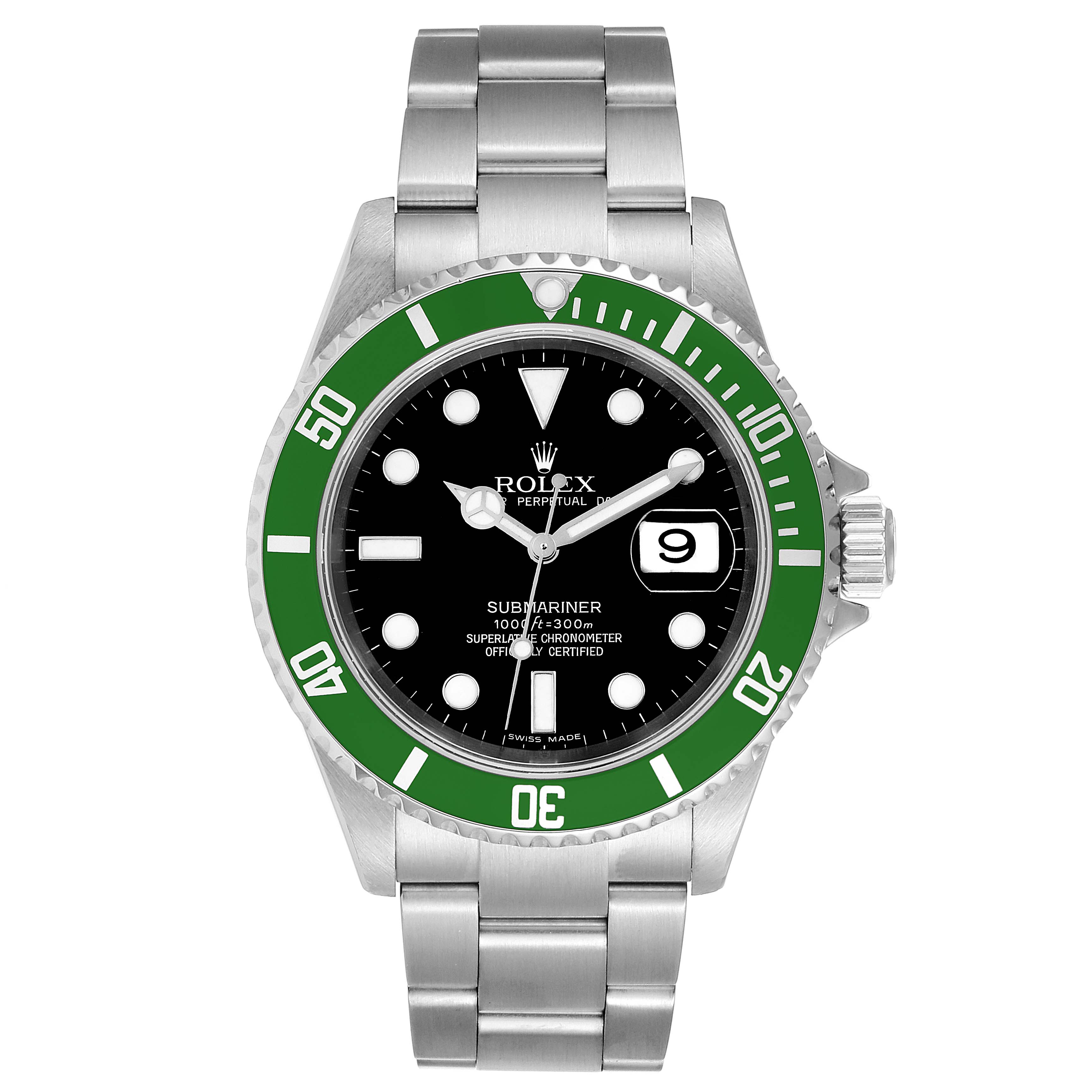 The image shows a front view of a Rolex Submariner 16610LV Men
s Stainless Steel Black Dial 16610LV Men
s Stainless Steel Black Dial watch with a green bezel and steel bracelet.