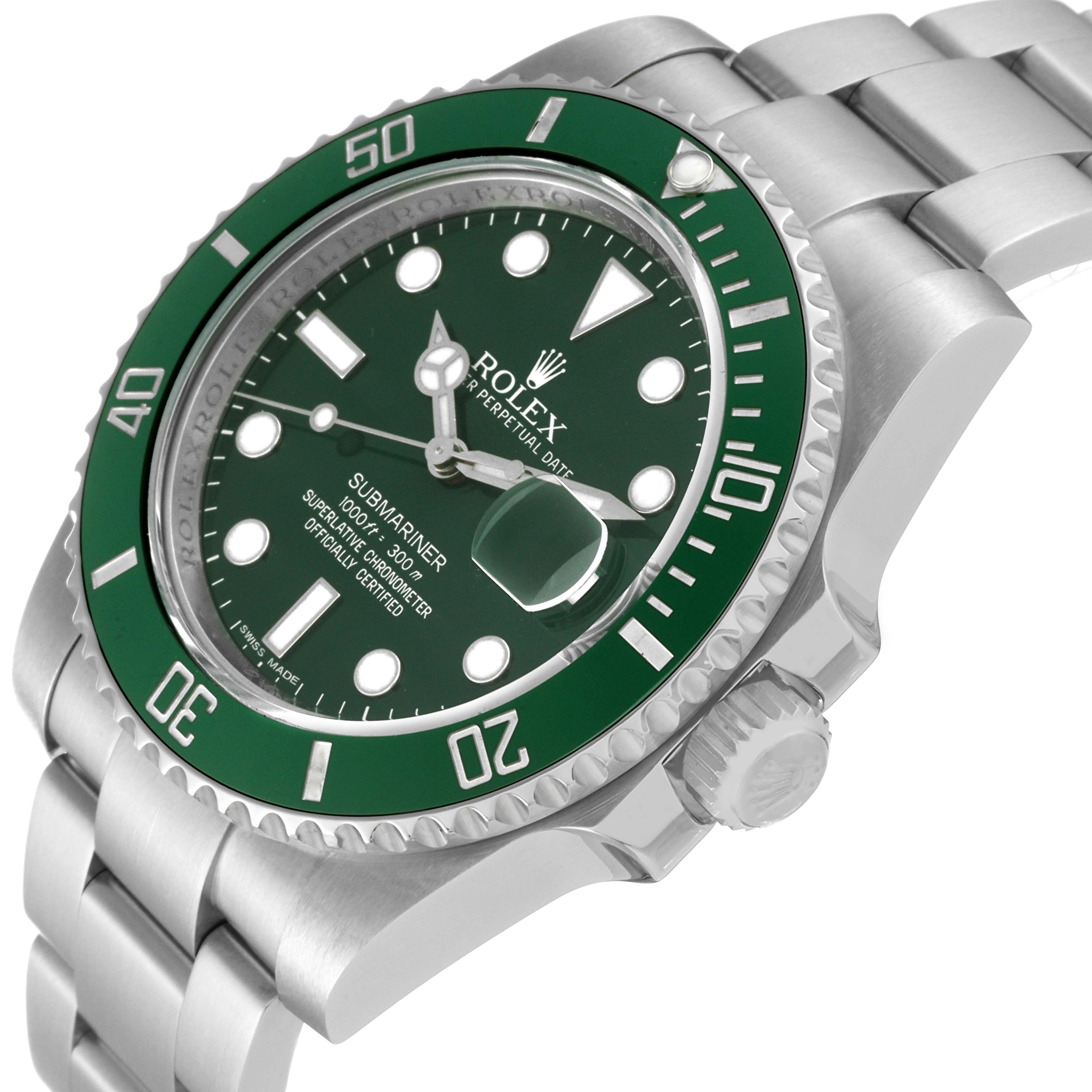The image shows a Rolex Submariner 116610LV Men's Stainless Steel Green Dial 116610LV Men's Stainless Steel Green Dial watch at a slight angle, highlighting the green dial, green bezel, and stainless steel bracelet.