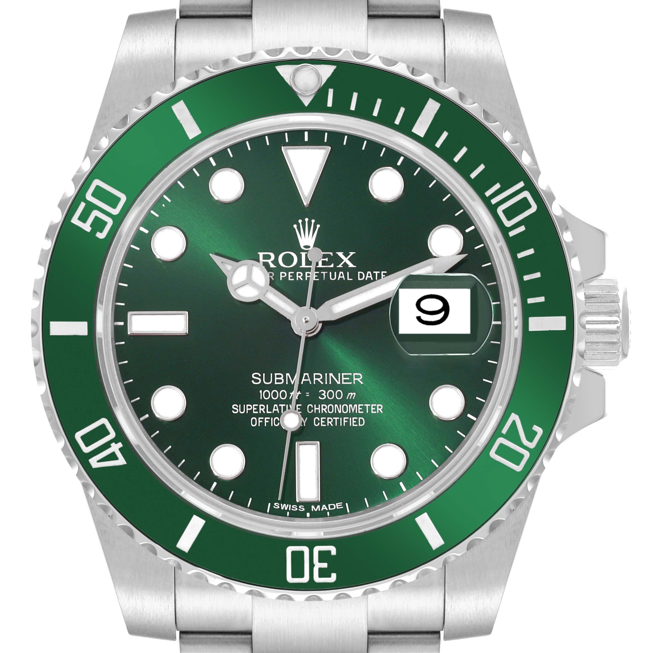 This image shows a front view of a Rolex Submariner 116610LV Men's Stainless Steel Green Dial 116610LV Men's Stainless Steel Green Dial watch with a green bezel and dial.