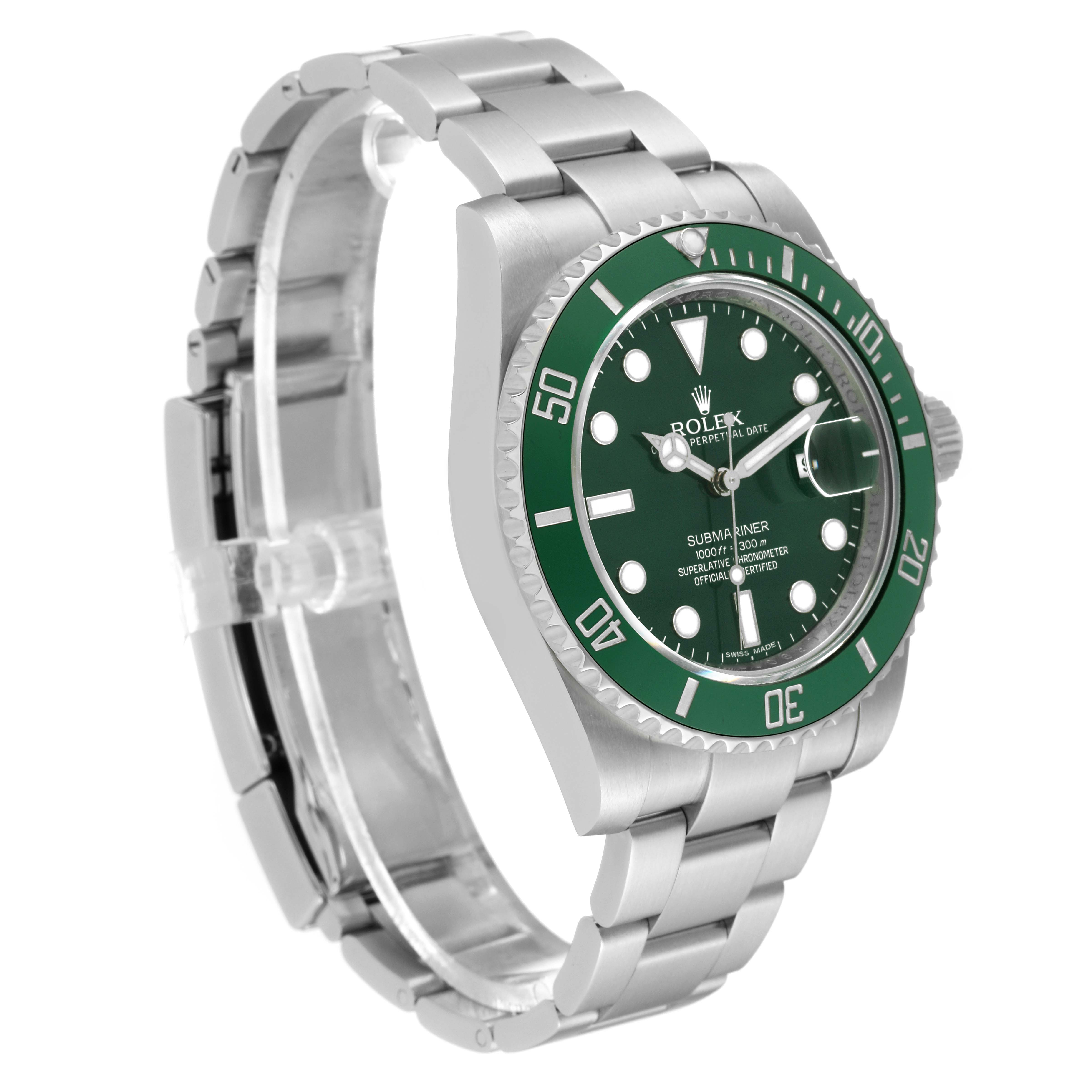 The Rolex Submariner 116610LV Men's Stainless Steel Green Dial 116610LV Men's Stainless Steel Green Dial watch is shown from a slight side angle, highlighting the green dial and bezel and the stainless steel bracelet.