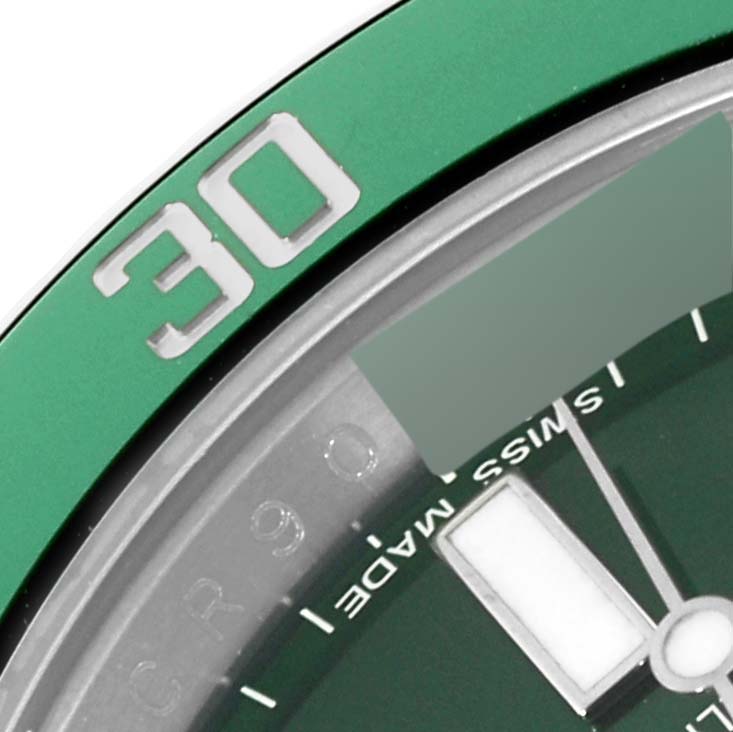 This close-up shows part of the bezel and dial of a Rolex Submariner 116610LV Men's Stainless Steel Green Dial 116610LV Men's Stainless Steel Green Dial watch, focusing on the "30" marker.