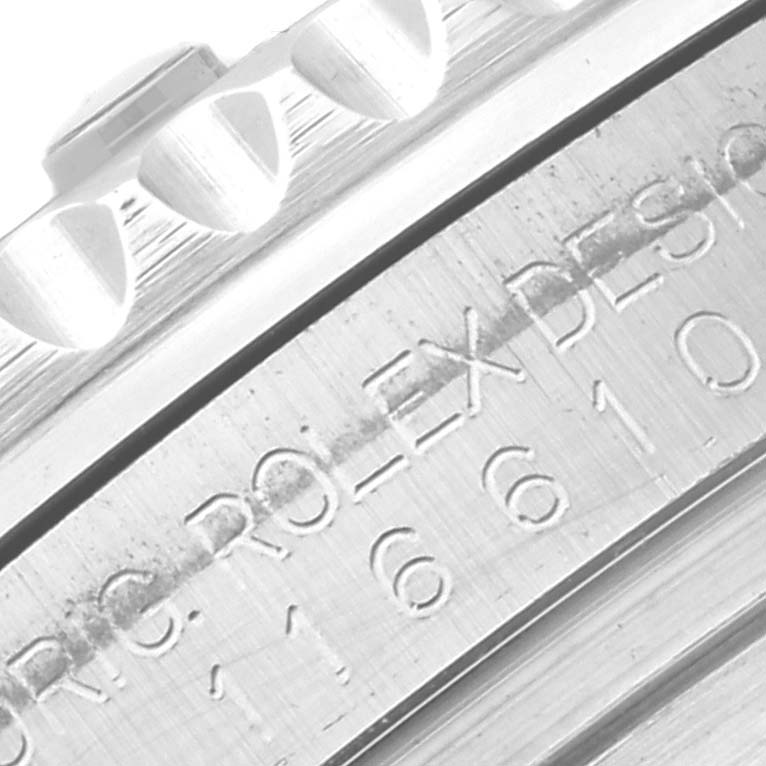 This image shows a close-up of the bezel and engraved reference number on a Rolex Submariner 116610LV Men's Stainless Steel Green Dial 116610LV Men's Stainless Steel Green Dial watch.