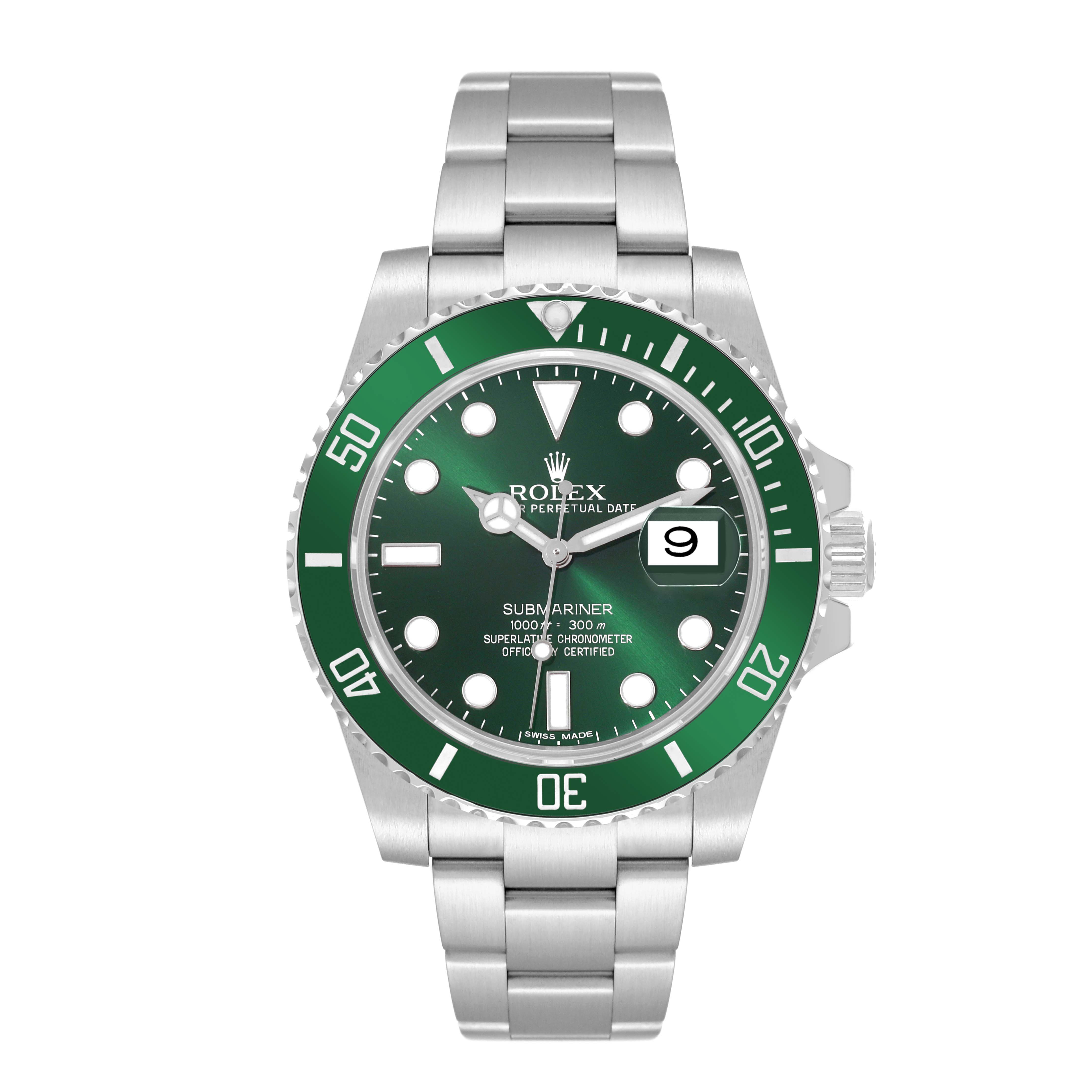 The image shows a front view of the Rolex Submariner 116610LV Men's Stainless Steel Green Dial 116610LV Men's Stainless Steel Green Dial watch, displaying its green bezel, dial, and bracelet.
