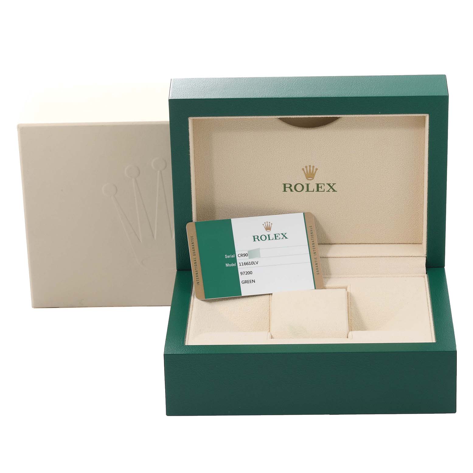 The image shows a green and beige Rolex Submariner 116610LV Men's Stainless Steel Green Dial 116610LV Men's Stainless Steel Green Dial watch box and its card from a front angle.