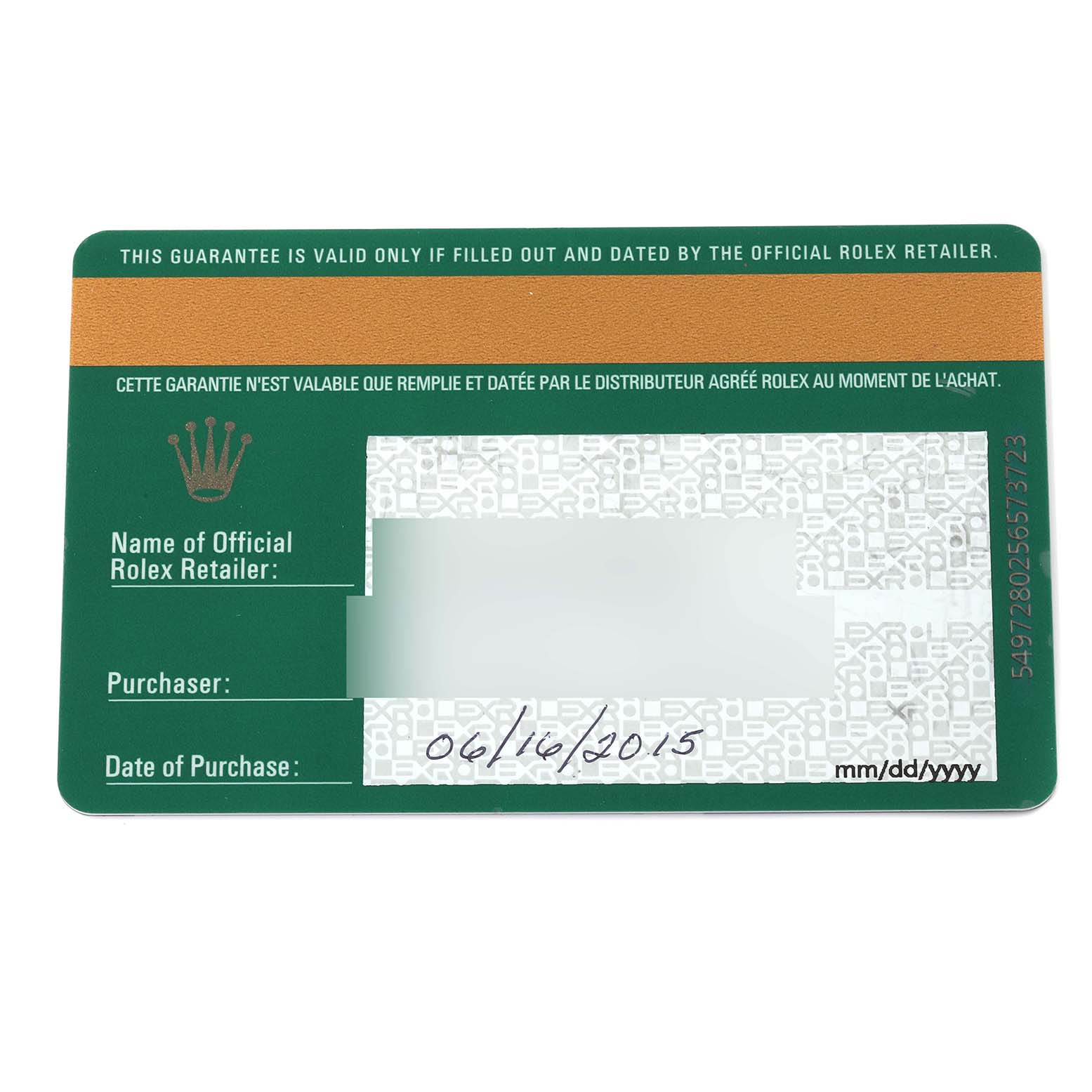 The image shows a warranty card for the Rolex Submariner 116610LV Men's Stainless Steel Green Dial 116610LV Men's Stainless Steel Green Dial model, including fields for retailer name, purchaser, and date of purchase.