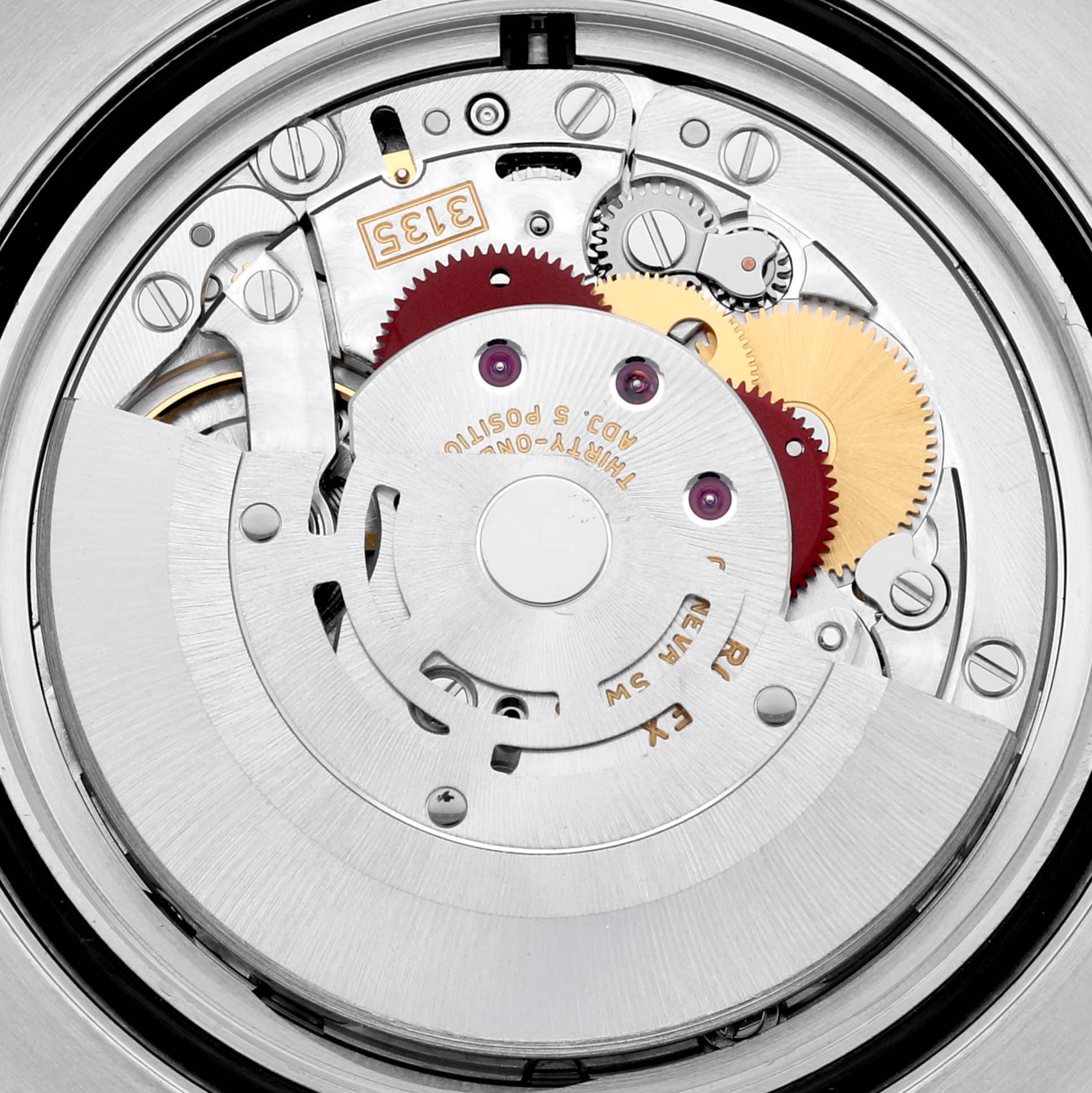 This image shows a close-up of the movement mechanism of the Rolex Submariner 116610LV Men's Stainless Steel Green Dial 116610LV Men's Stainless Steel Green Dial watch from the back.