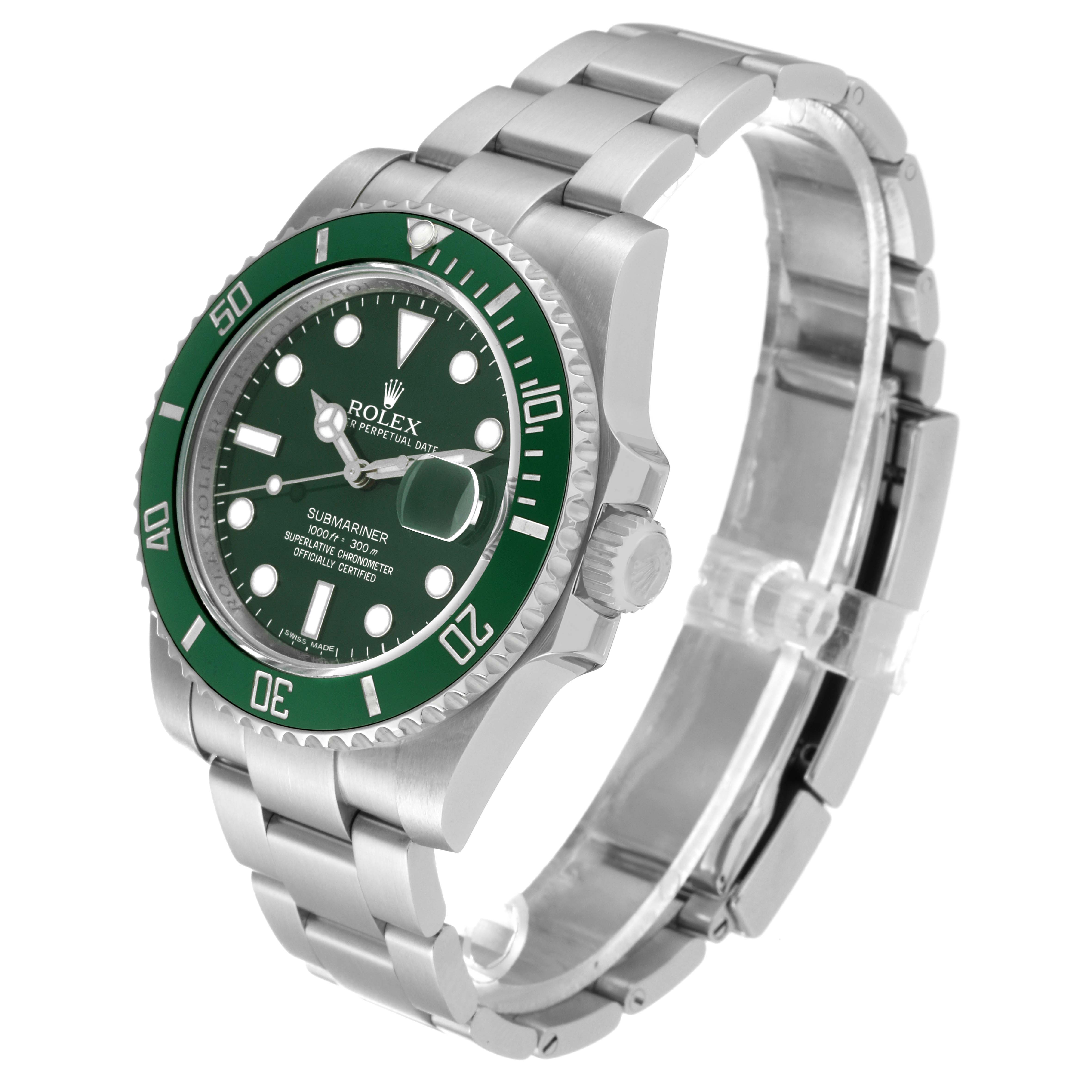 The Rolex Submariner 116610LV Men's Stainless Steel Green Dial 116610LV Men's Stainless Steel Green Dial watch is shown at a three-quarter angle, displaying its face, bezel, crown, and metal bracelet.