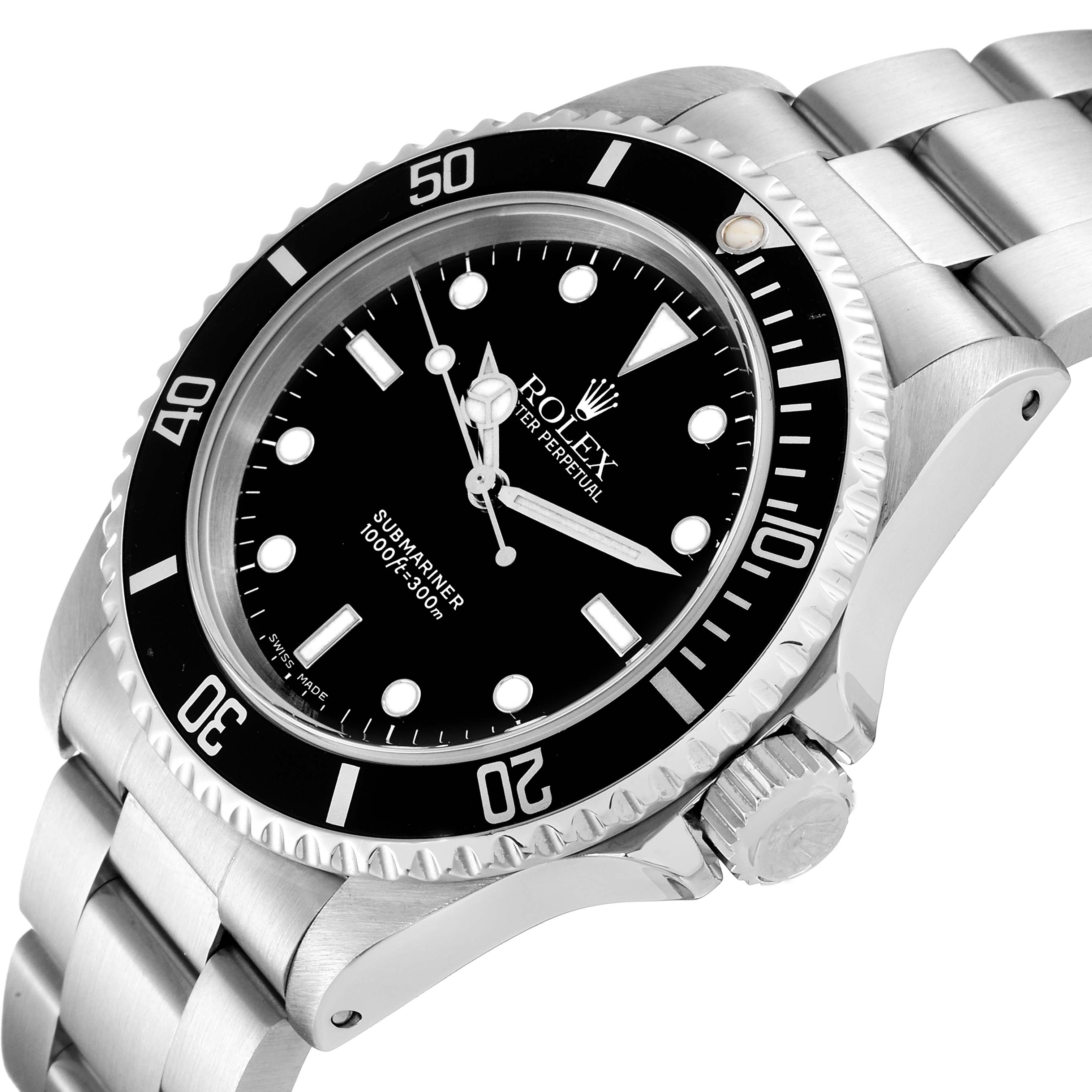 This image shows a Rolex Submariner 14060 Men
s Stainless Steel Black Dial 14060 Men
s Stainless Steel Black Dial watch at a tilted angle, highlighting its bezel, crown, dial, and bracelet.