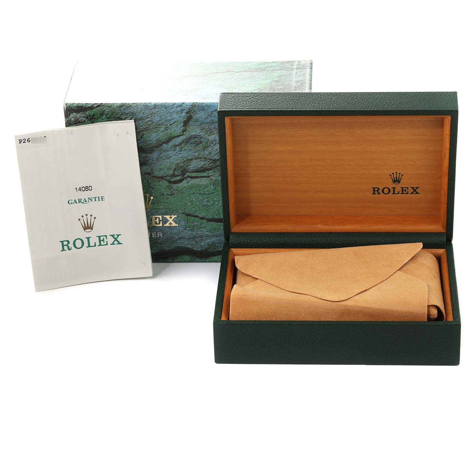 The image shows a Rolex Submariner 14060 Men
s Stainless Steel Black Dial 14060 Men
s Stainless Steel Black Dial watch box, a watch pouch, and the warranty booklet from a front angle.