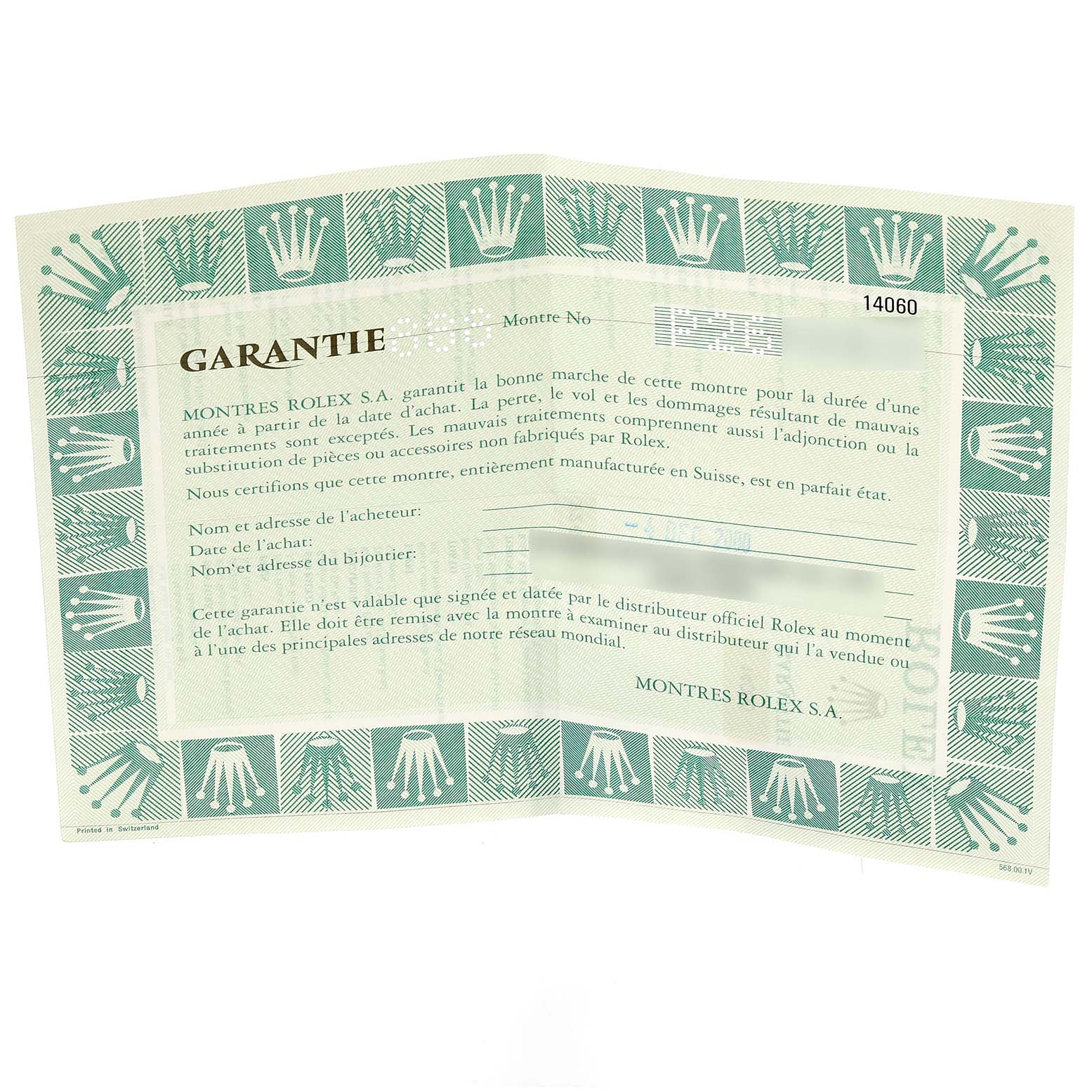 This is a warranty certificate for a Rolex Submariner 14060 Men
s Stainless Steel Black Dial 14060 Men
s Stainless Steel Black Dial watch, featuring the brand
s logo and purchase details.