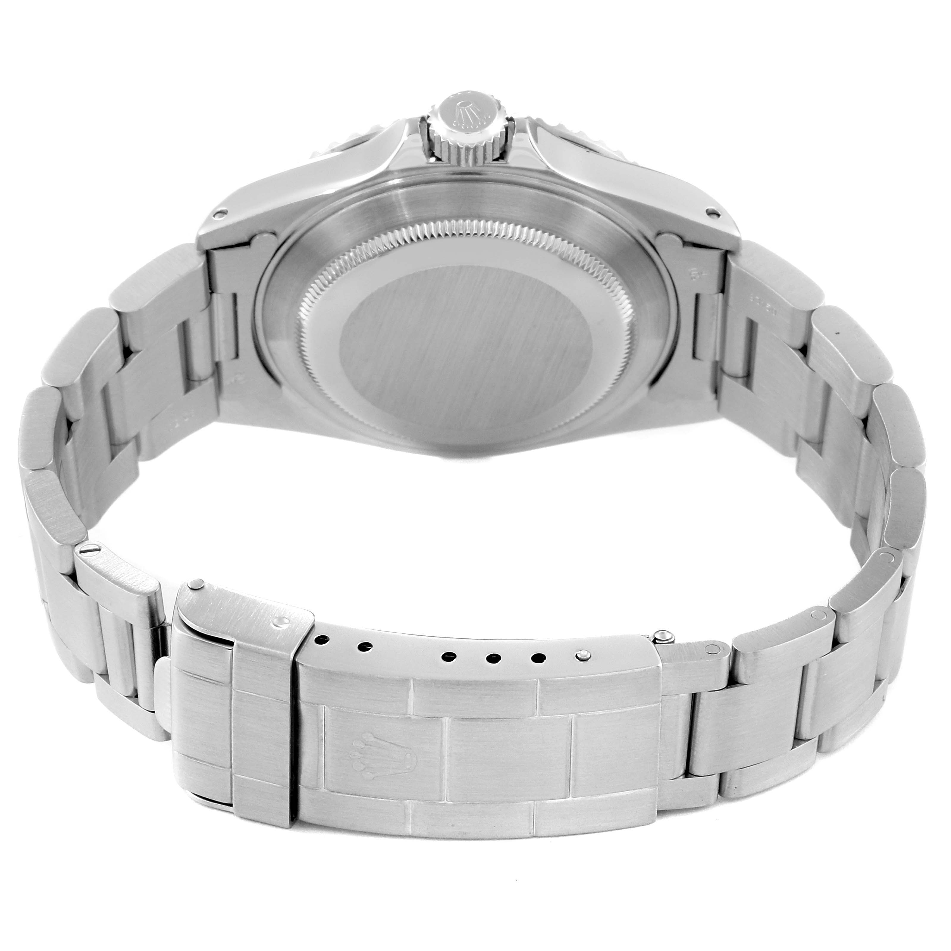 The image shows the back and bracelet of a Rolex Submariner 14060 Men
s Stainless Steel Black Dial 14060 Men
s Stainless Steel Black Dial watch from a rear angle.