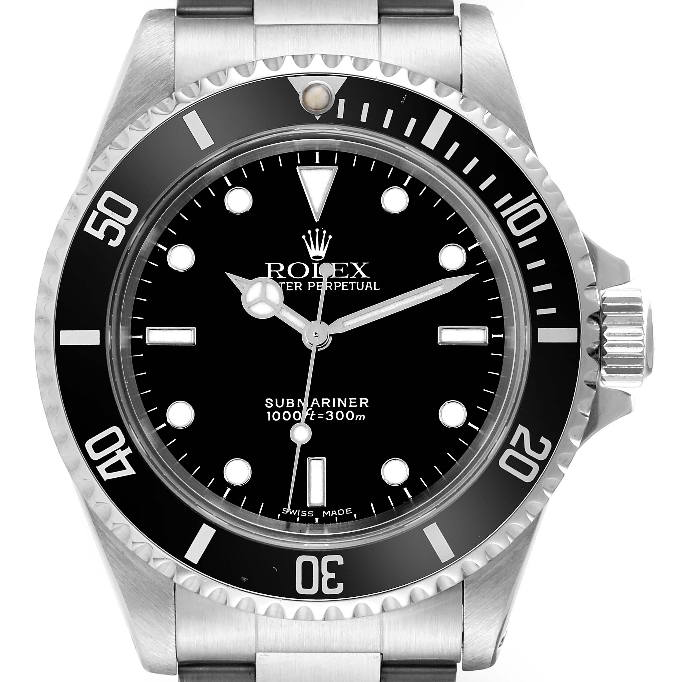 The image shows a front view of the Rolex Submariner 14060 Men
s Stainless Steel Black Dial 14060 Men
s Stainless Steel Black Dial watch, featuring the dial, bezel, markers, hands, and part of the bracelet.