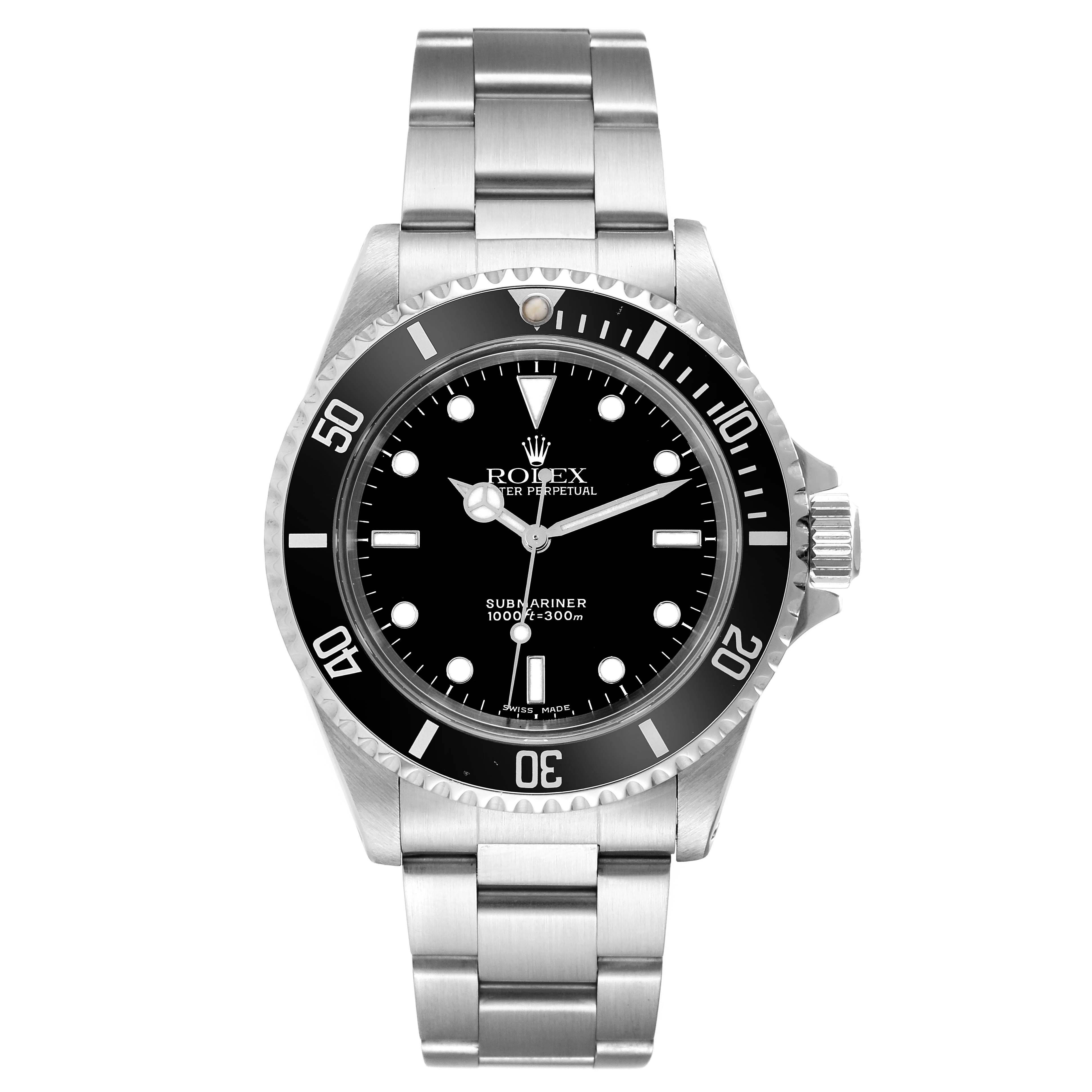 The image shows a front view of a Rolex Submariner 14060 Men
s Stainless Steel Black Dial 14060 Men
s Stainless Steel Black Dial watch, displaying its face, bezel, case, and stainless steel bracelet.