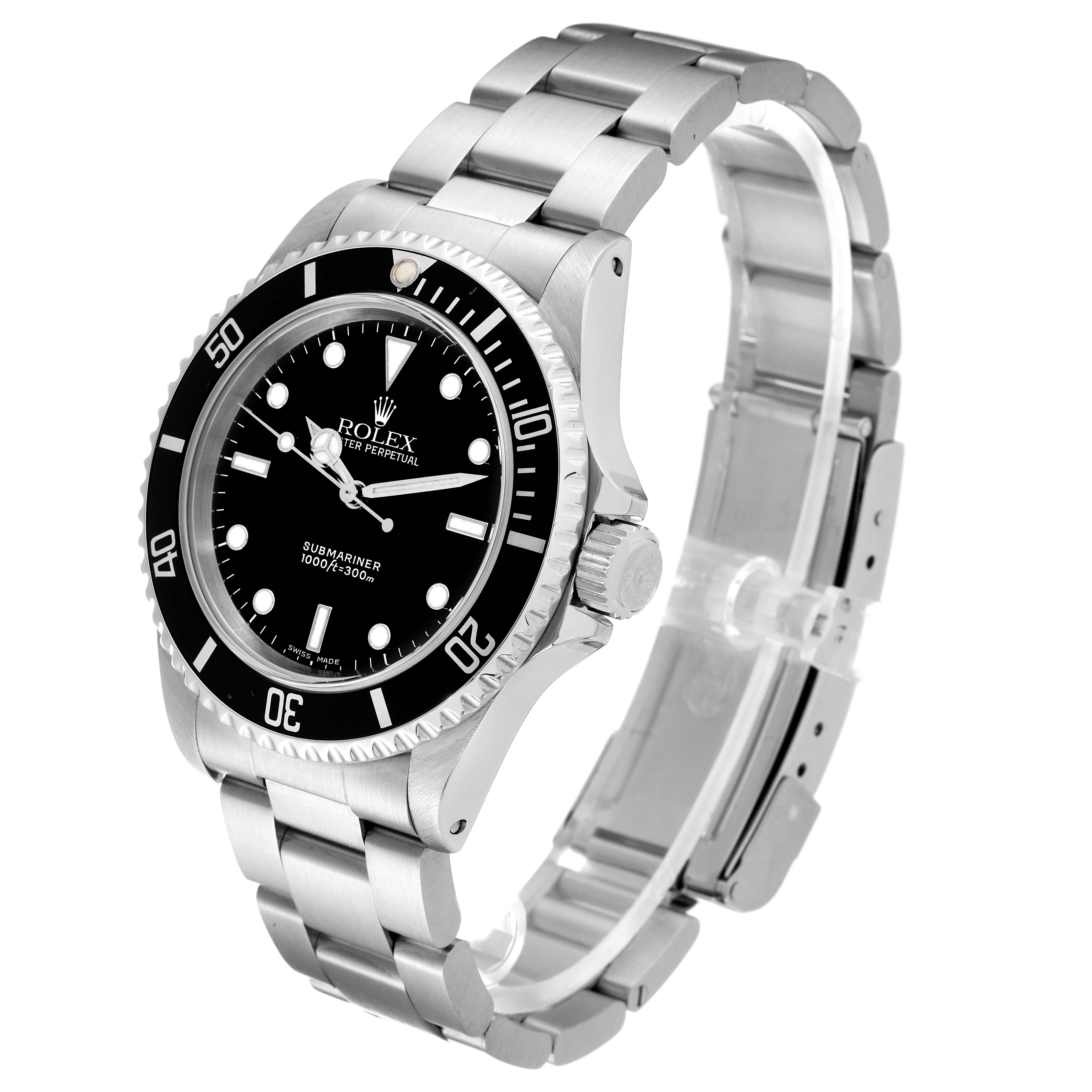 The image shows a side angle of the Rolex Submariner 14060 Men
s Stainless Steel Black Dial 14060 Men
s Stainless Steel Black Dial wristwatch, displaying the face, bezel, and bracelet.