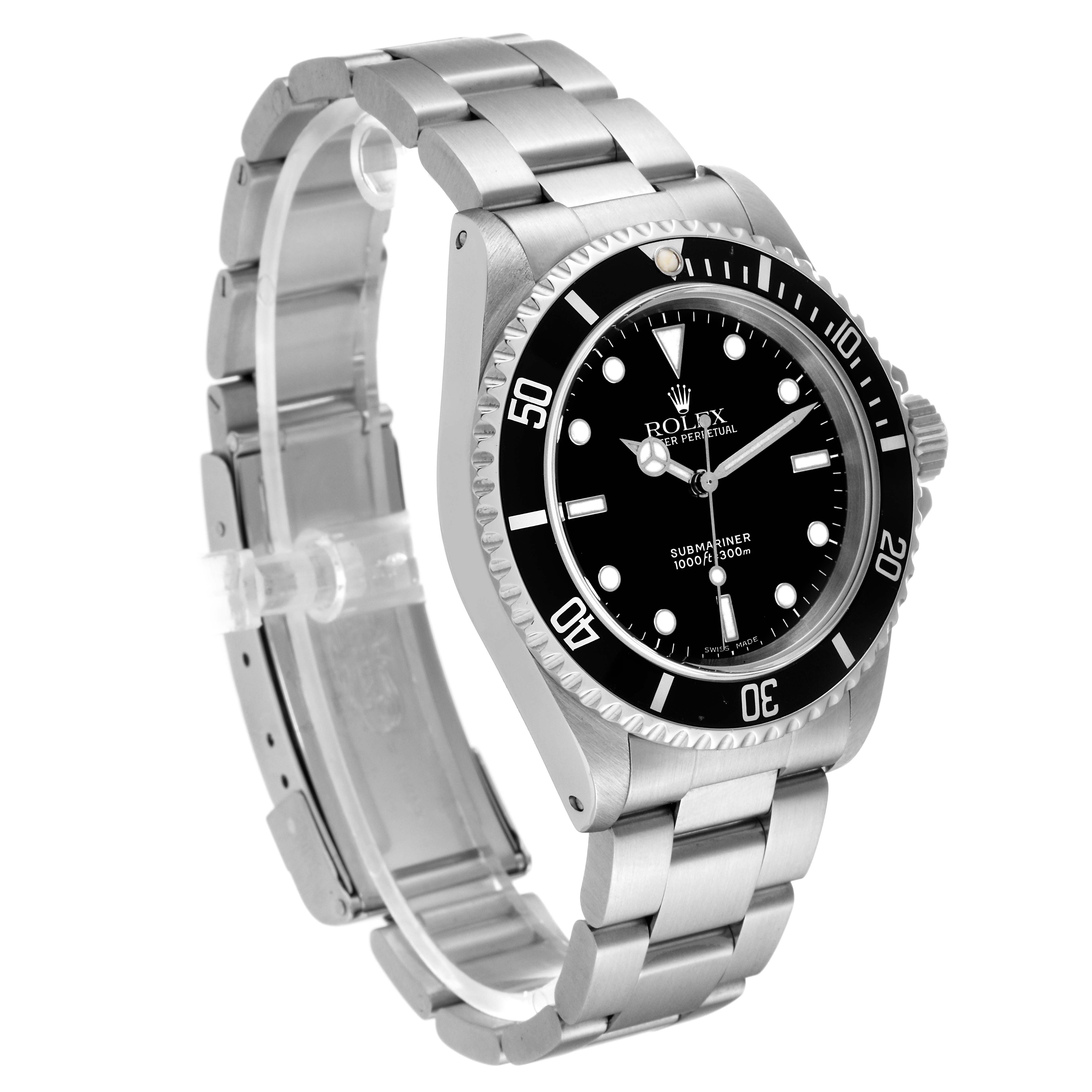 This image shows a Rolex Submariner 14060 Men
s Stainless Steel Black Dial 14060 Men
s Stainless Steel Black Dial watch from a slight side angle, highlighting the dial, bezel, and bracelet.